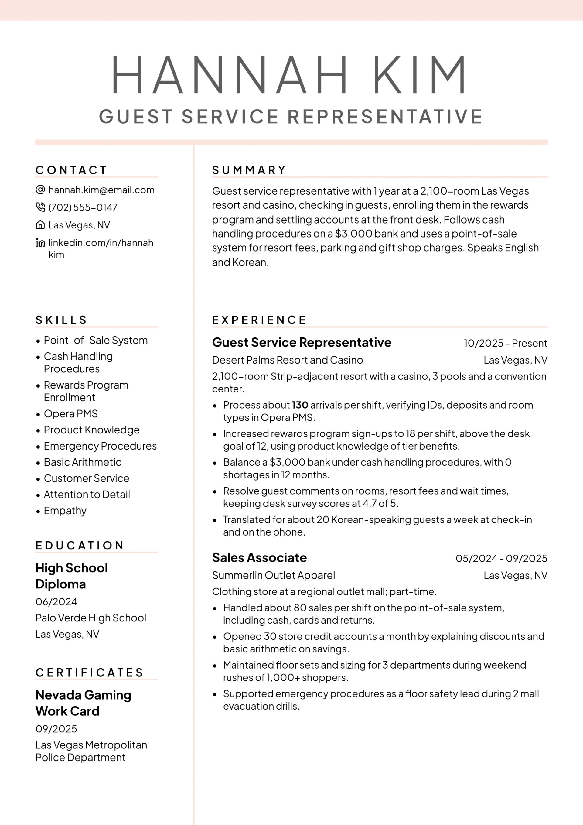 Guest Service Representative resume example