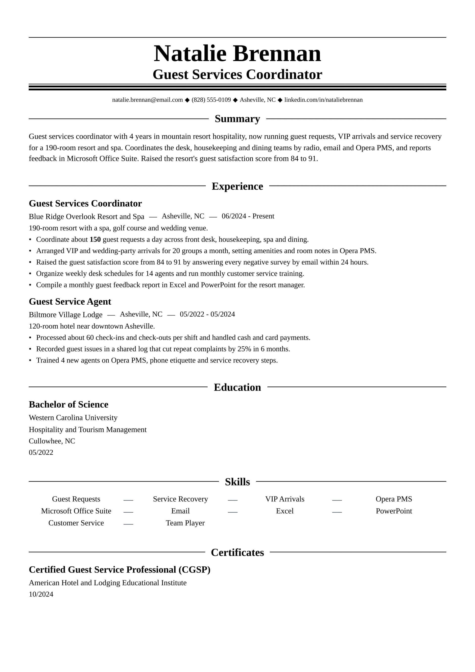 Guest Services Coordinator resume example