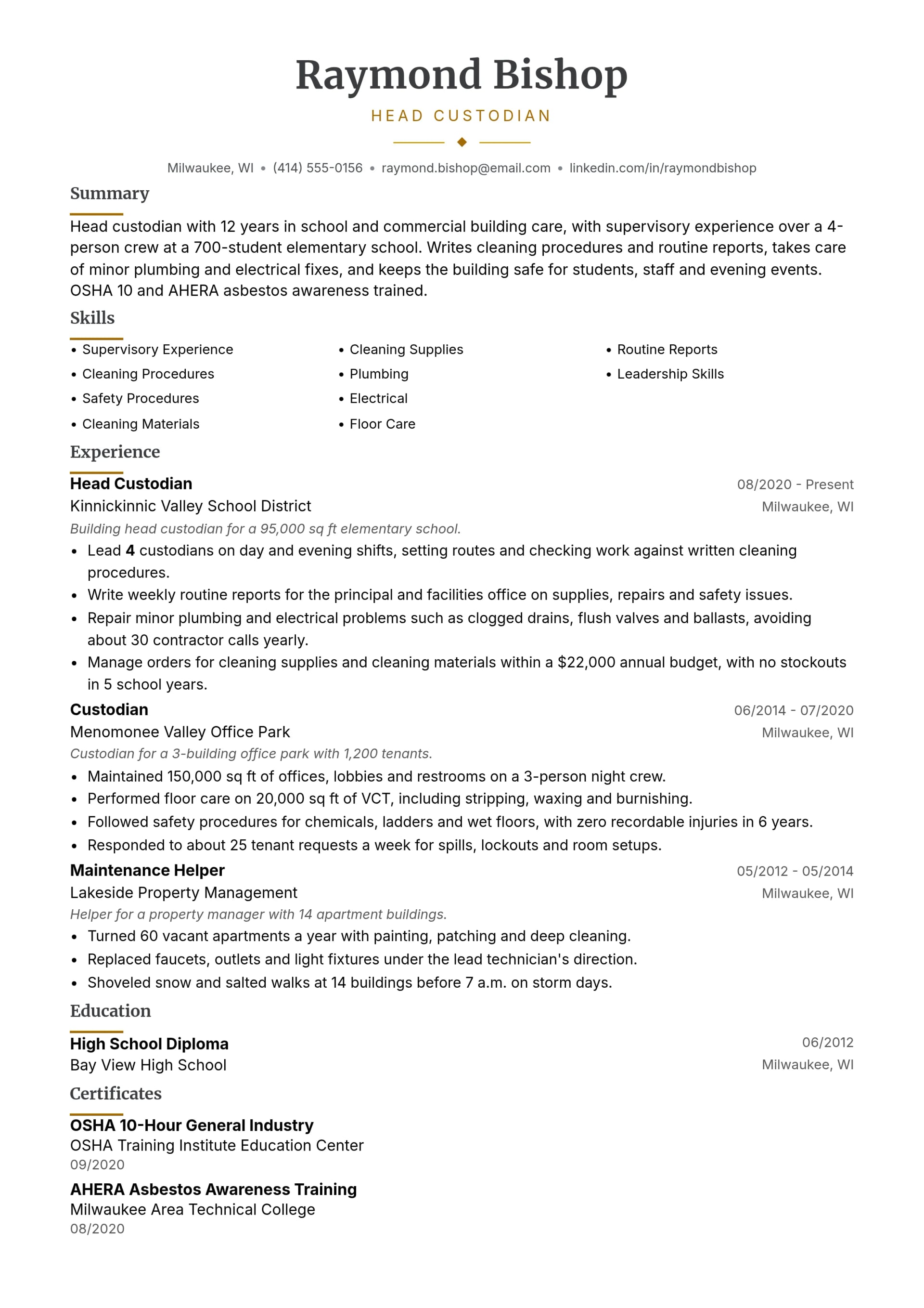 Head Custodian resume example