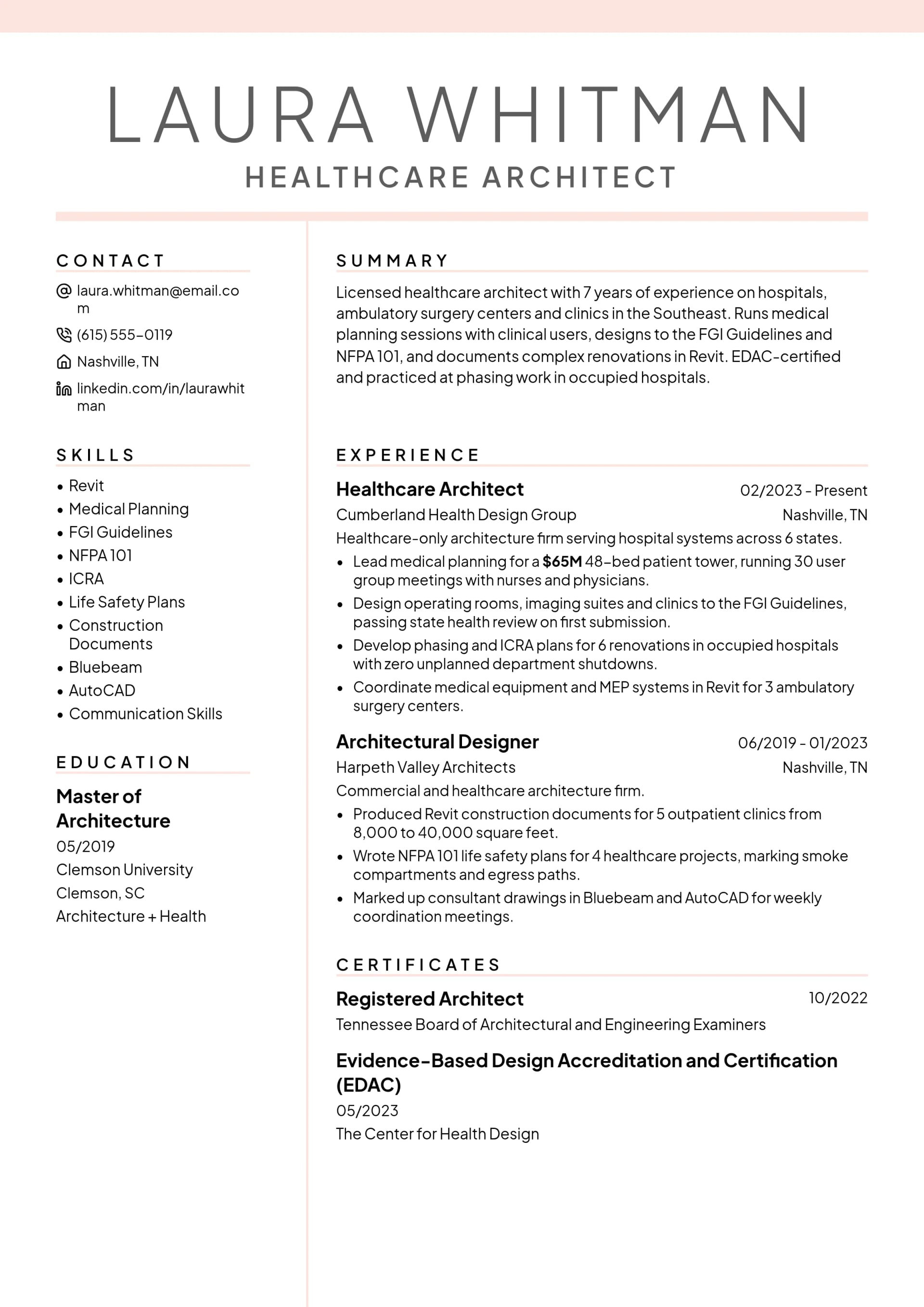 Healthcare Architect resume example