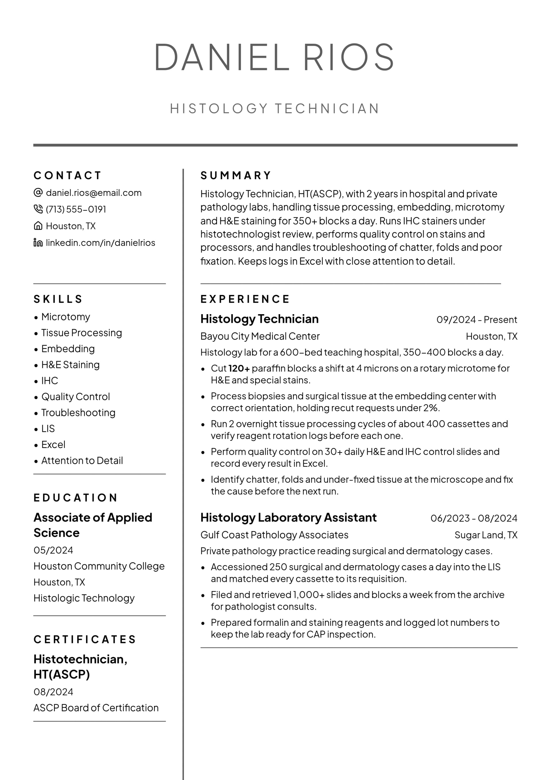 Histology Technician resume example