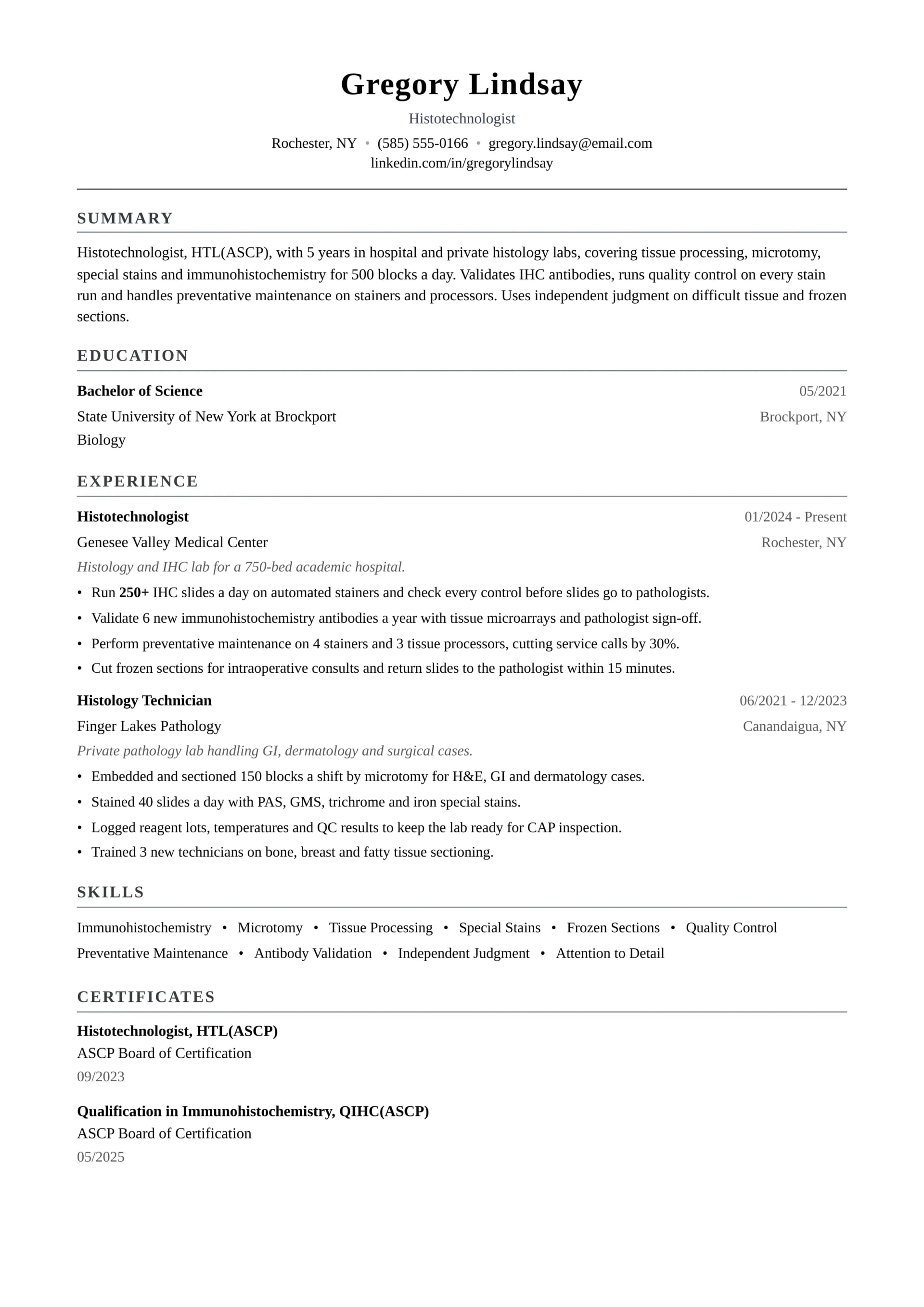 Histotechnologist resume example