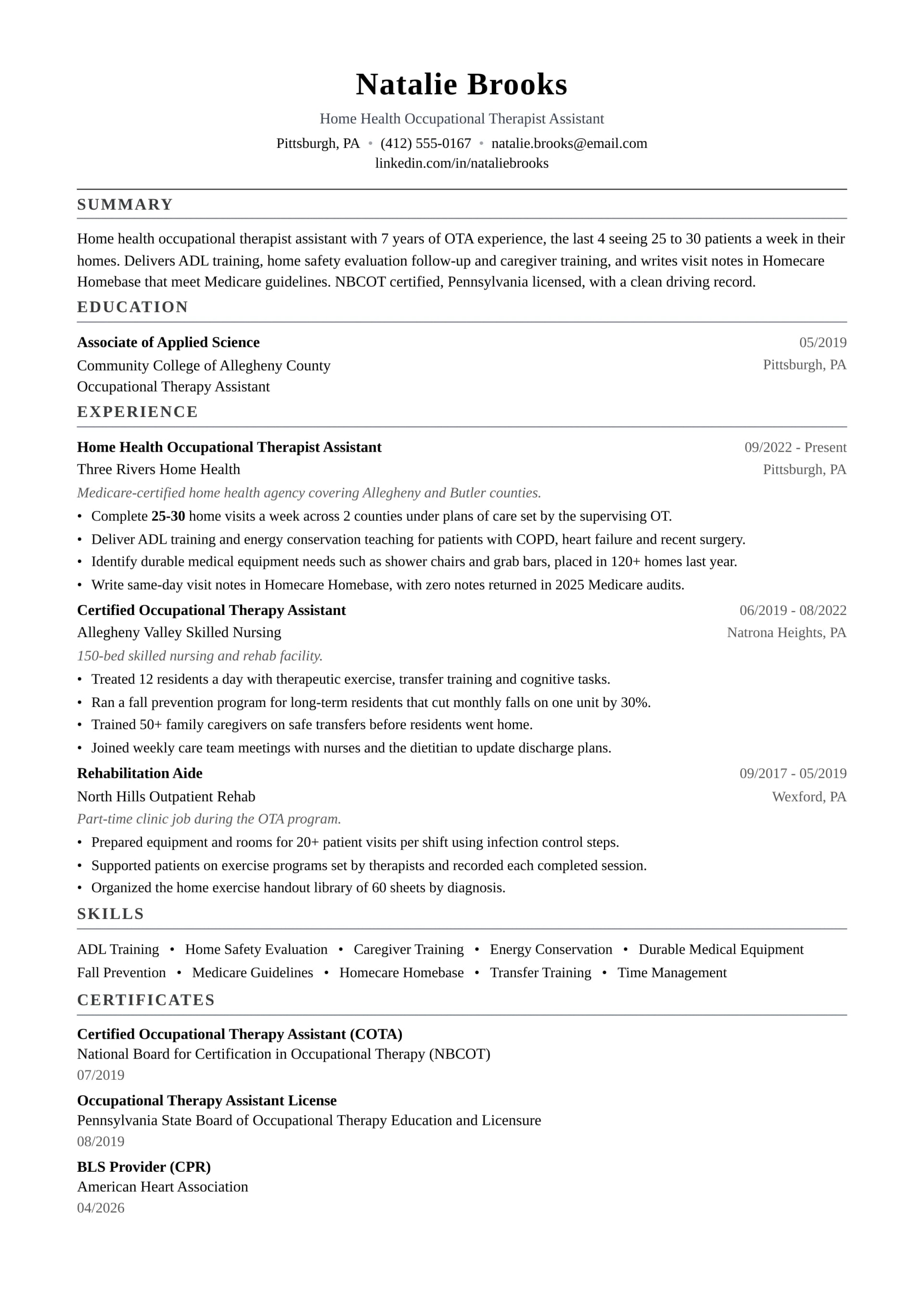 Home Health Occupational Therapist Assistant resume example
