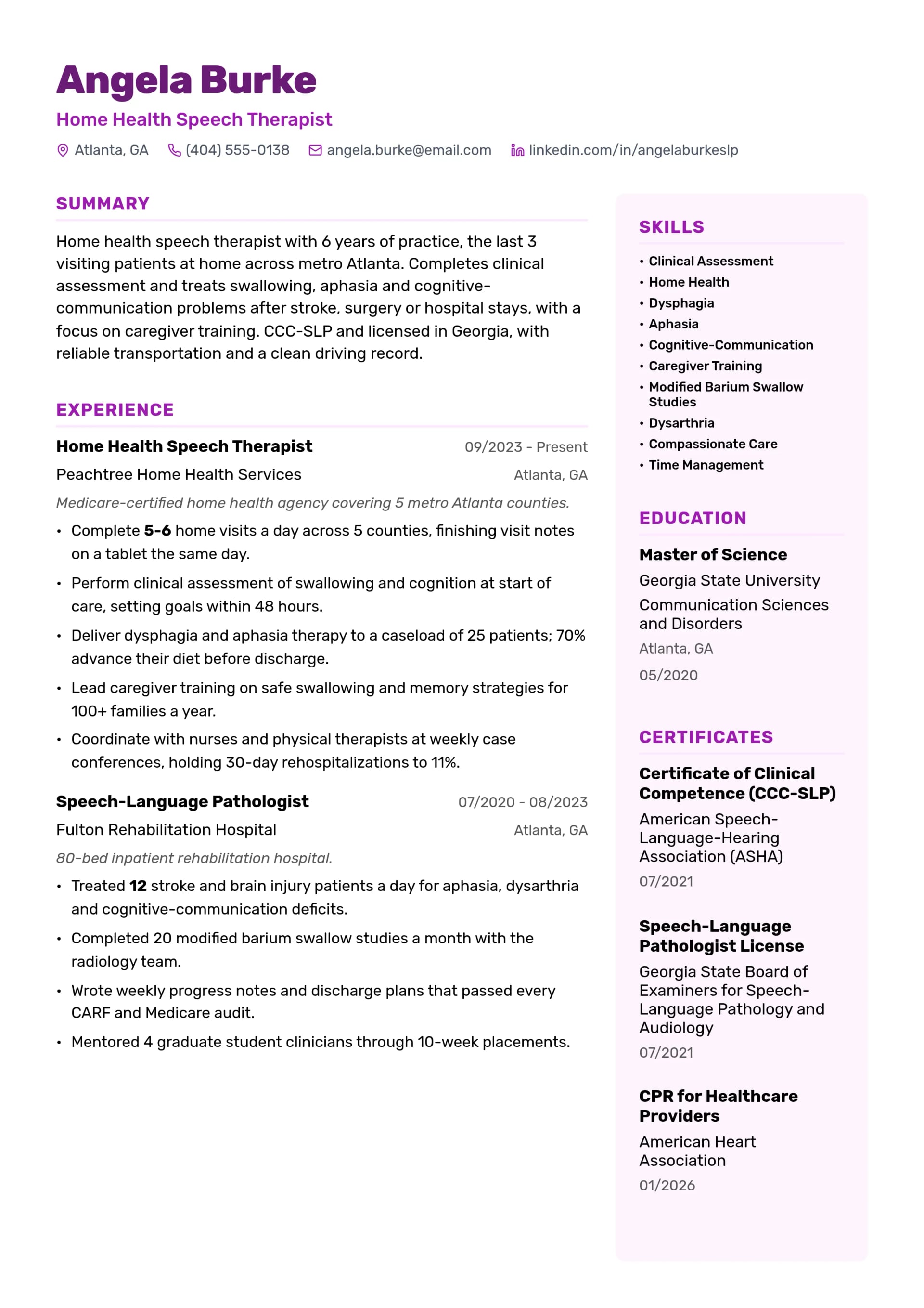 Home Health Speech Therapist resume example