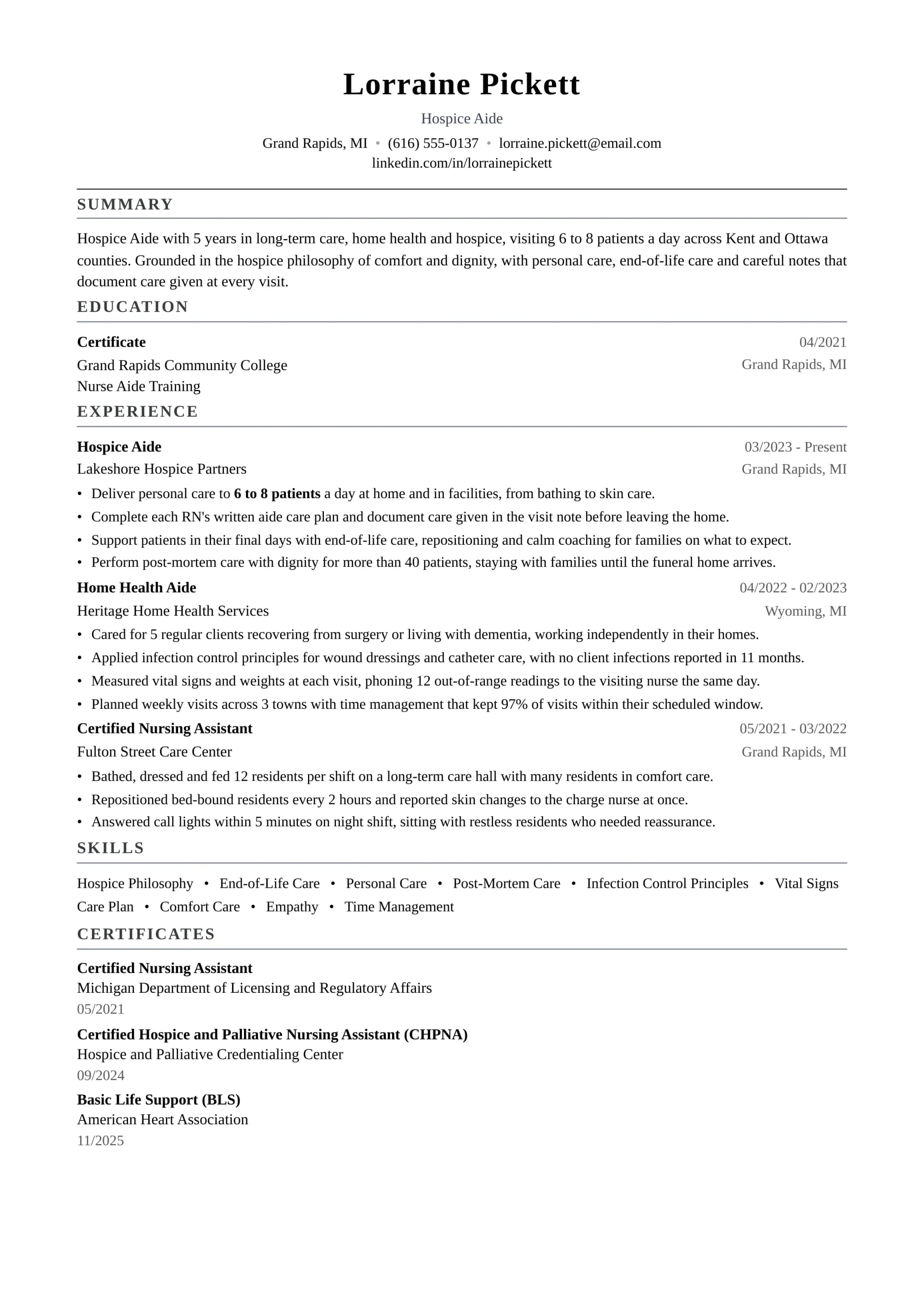 Hospice Aide resume example