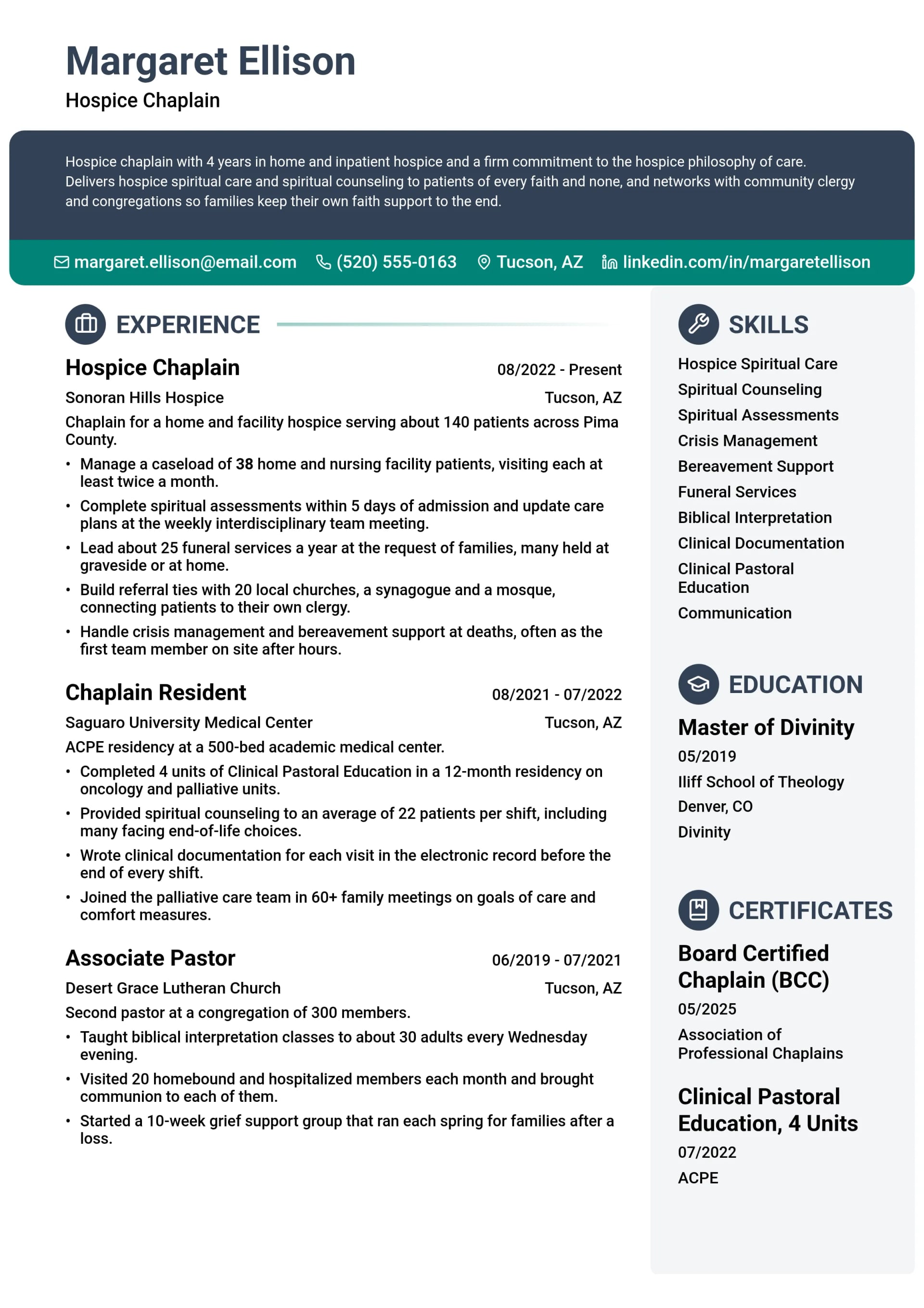 Hospice Chaplain resume example