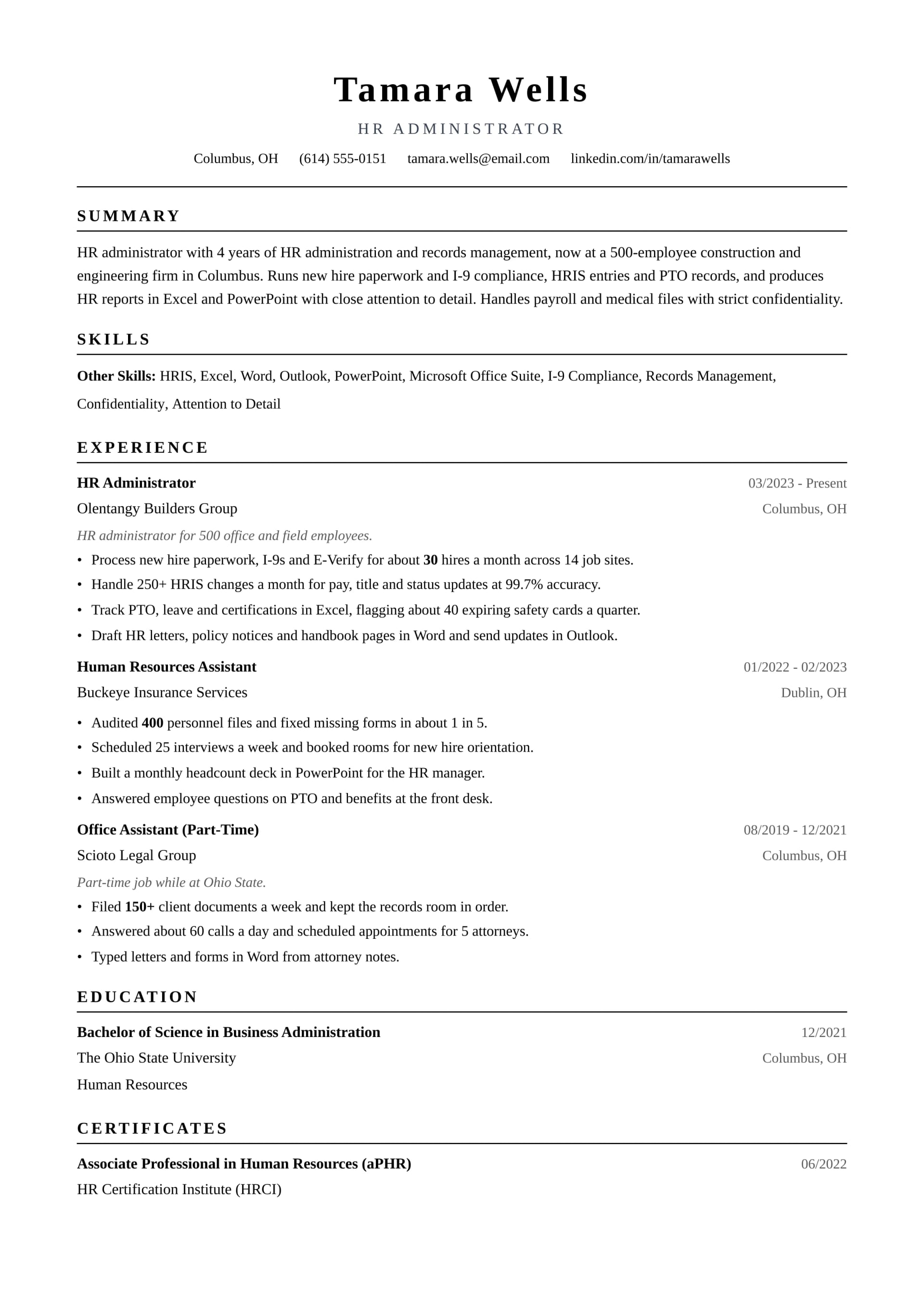 HR Administrator resume example