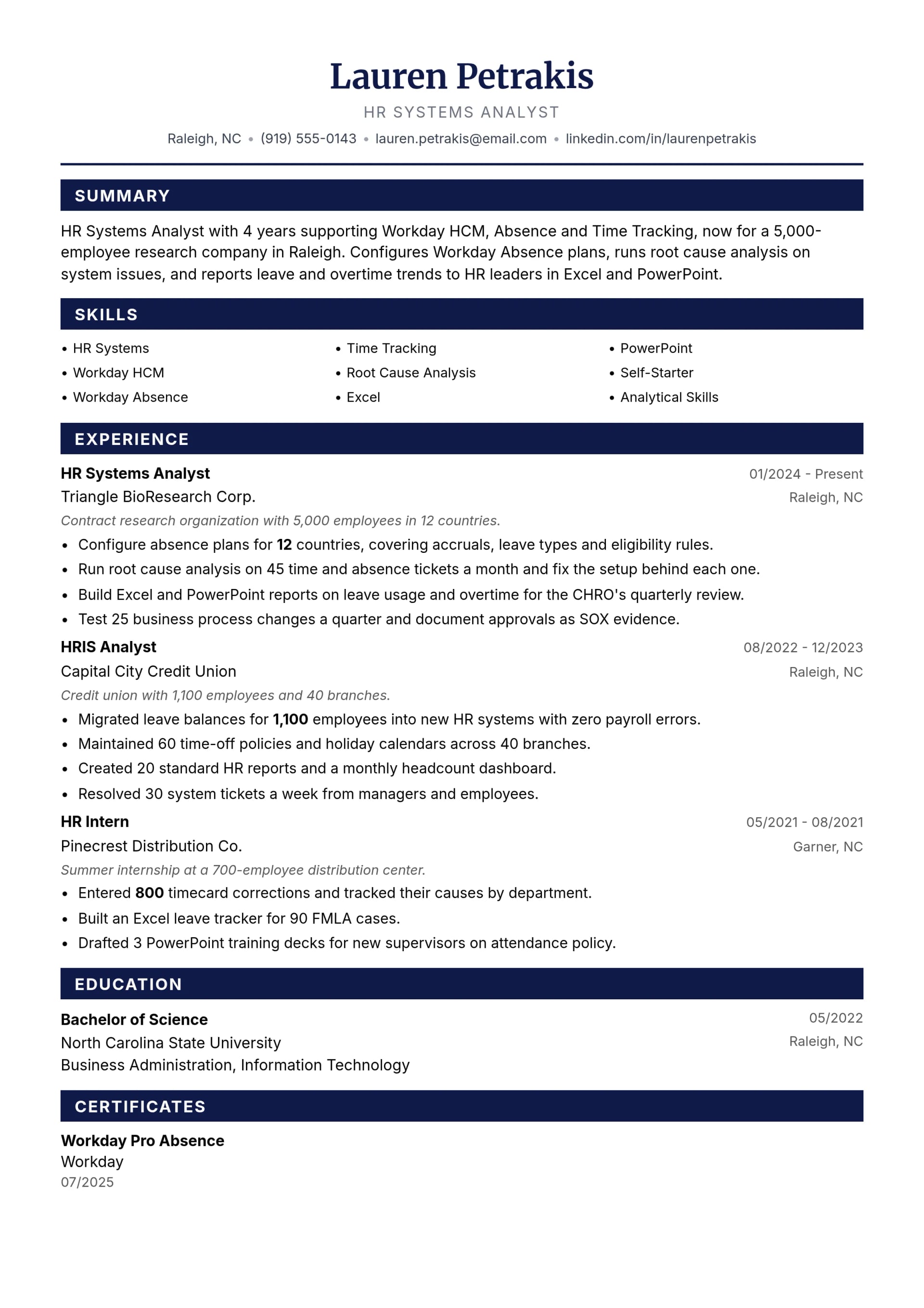 HR Systems Analyst resume example