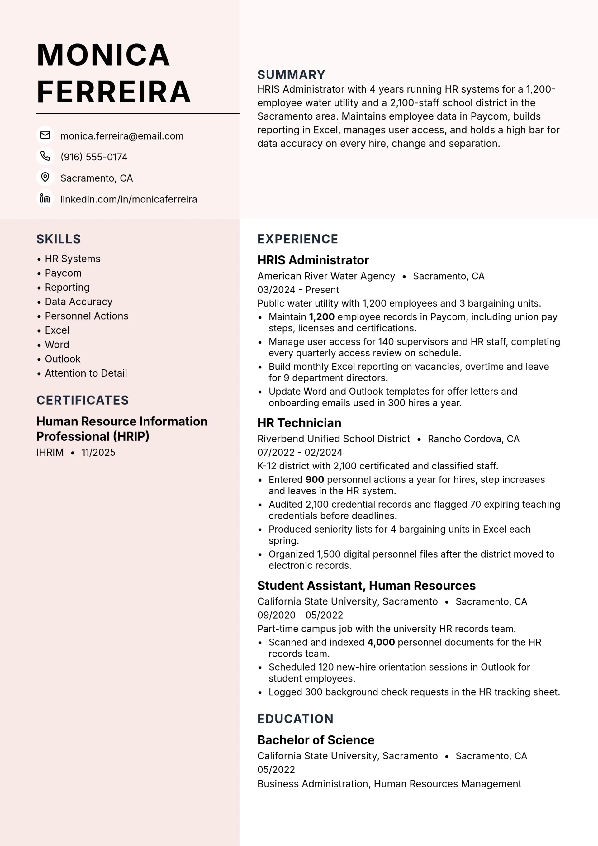 HRIS Administrator resume example