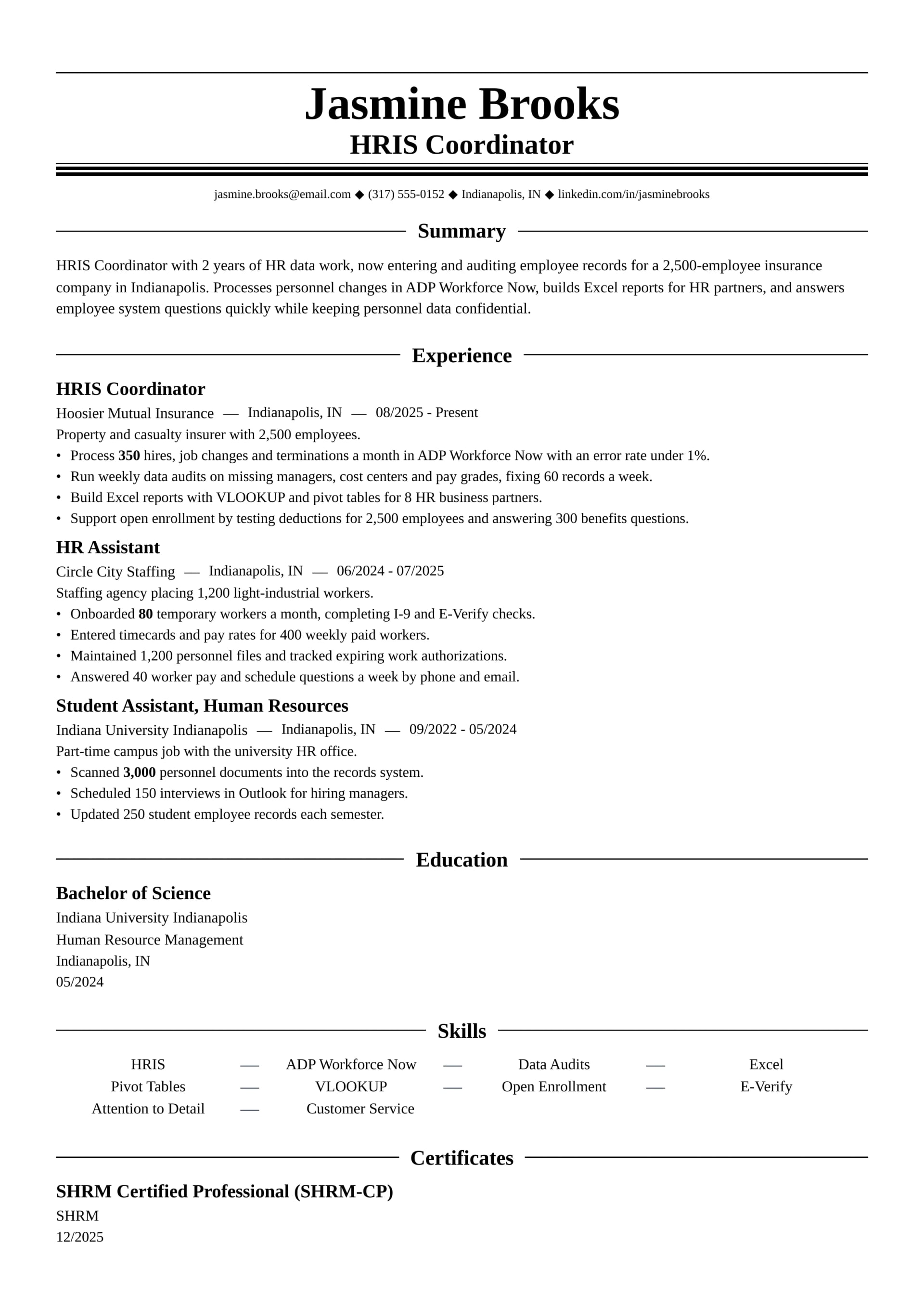 HRIS Coordinator resume example