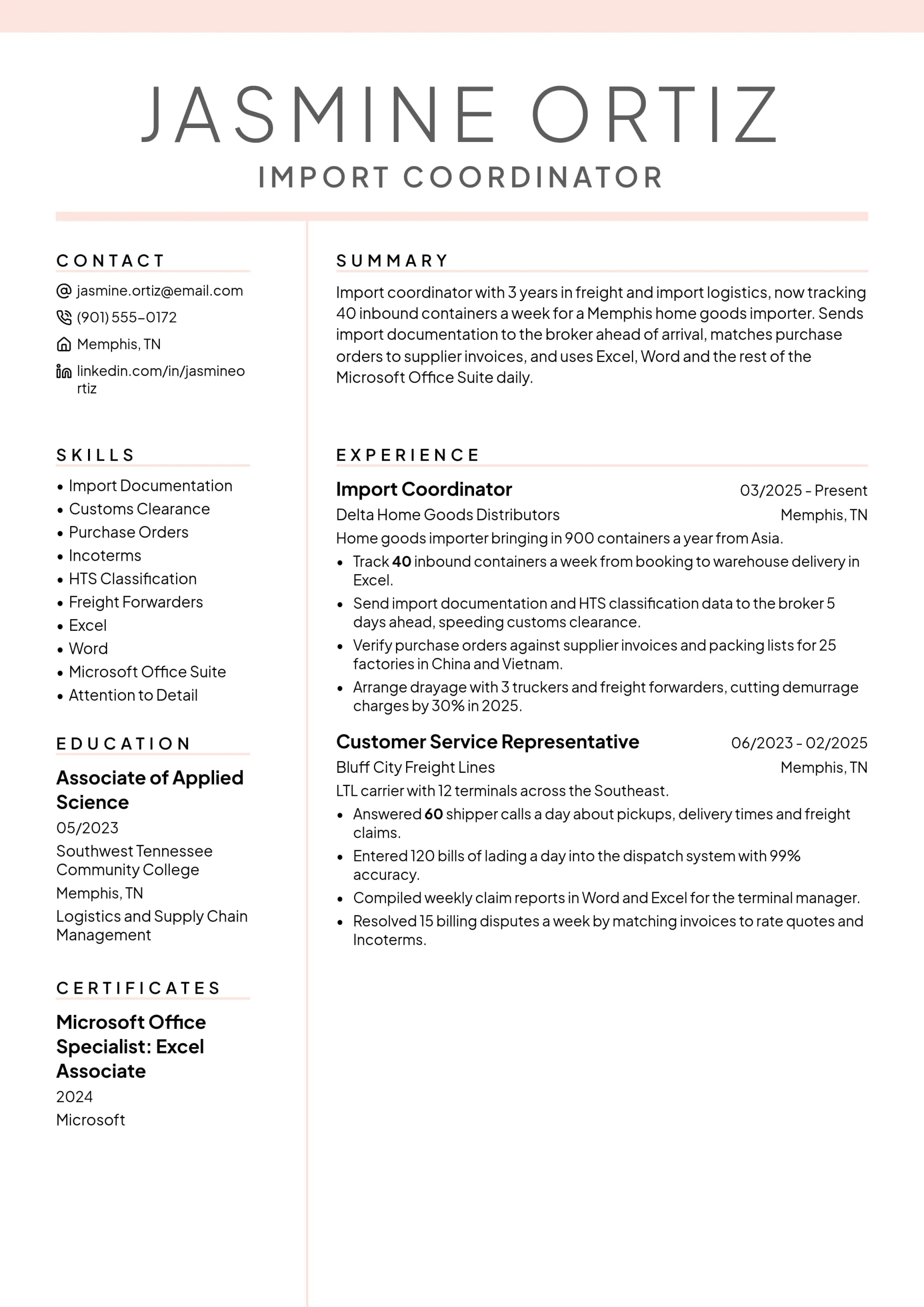 Import Coordinator resume example