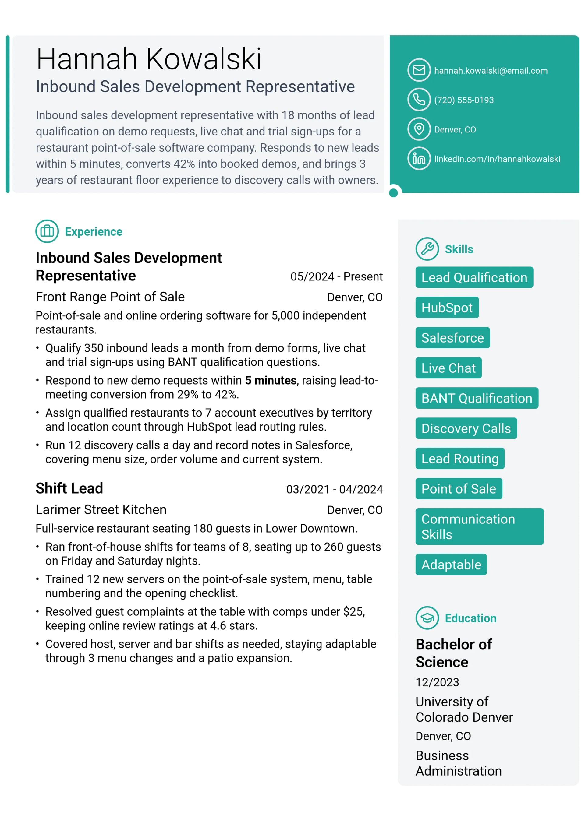 Inbound Sales Development Representative resume example