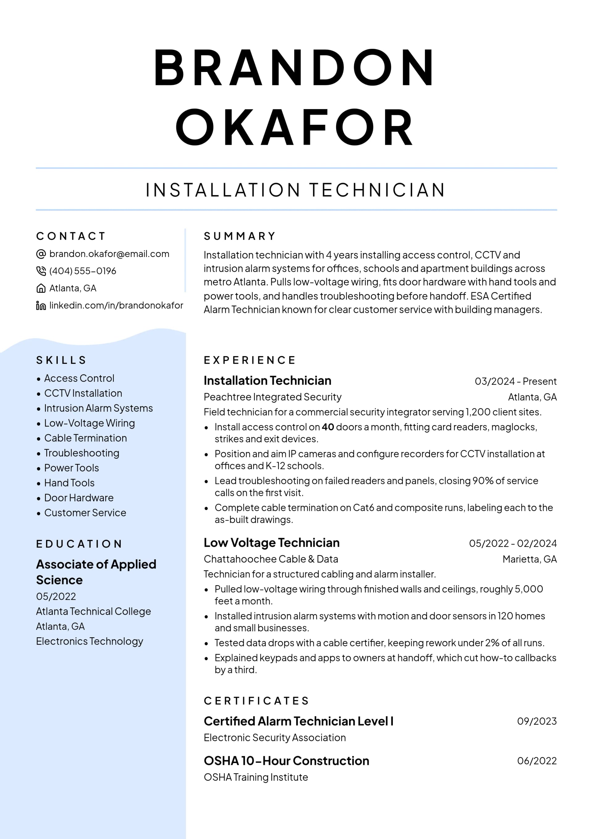 Installation Technician resume example