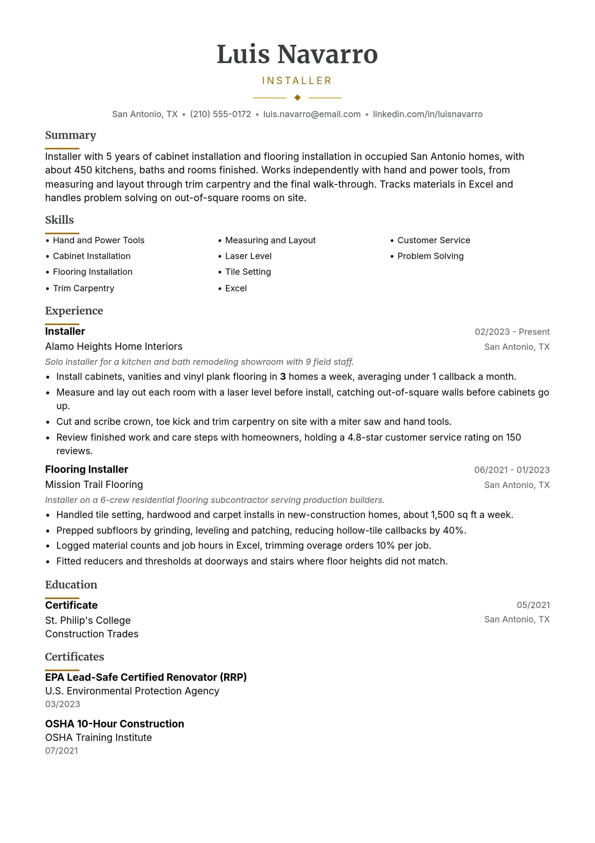 Installer resume example