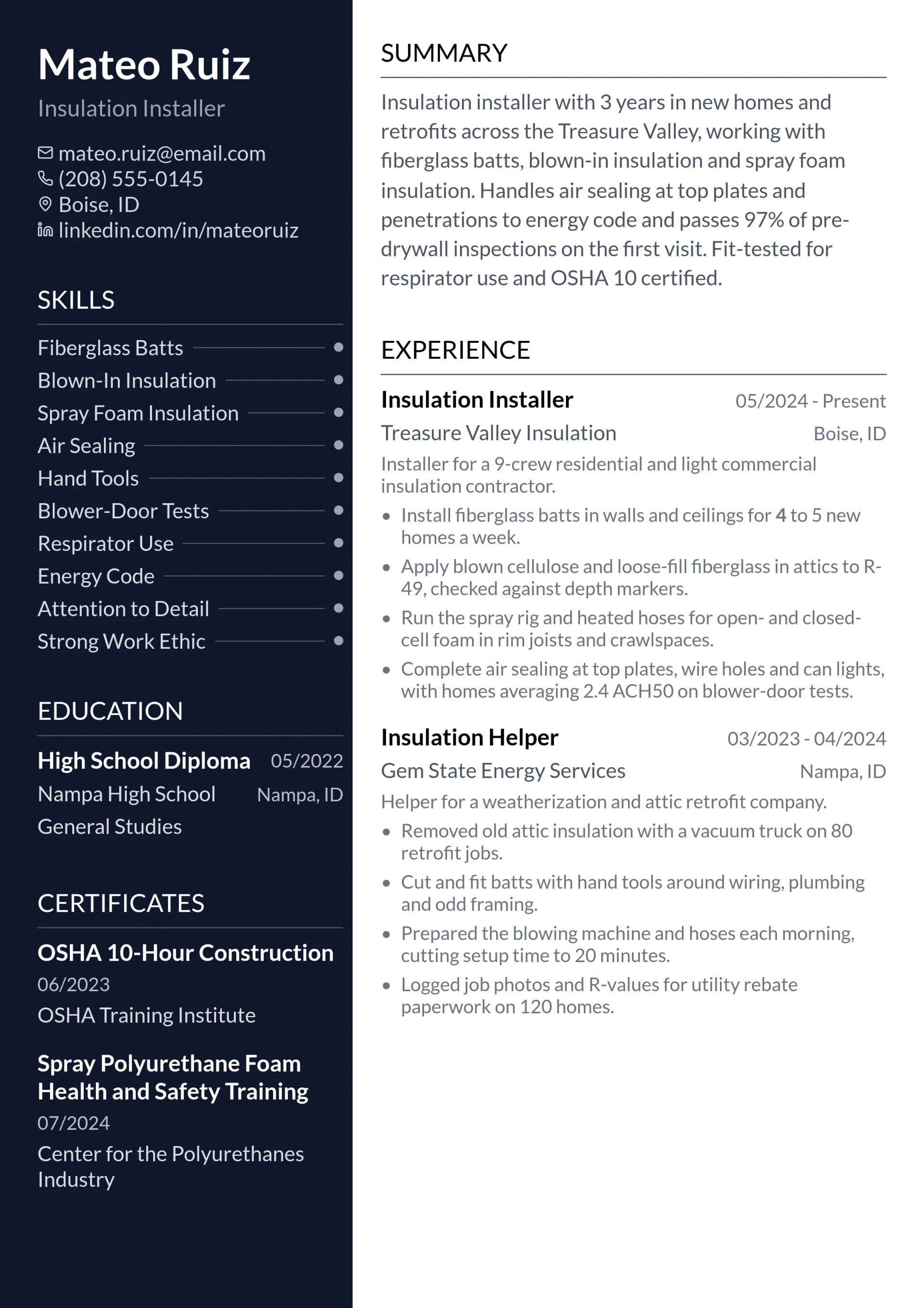 Insulation Installer resume example