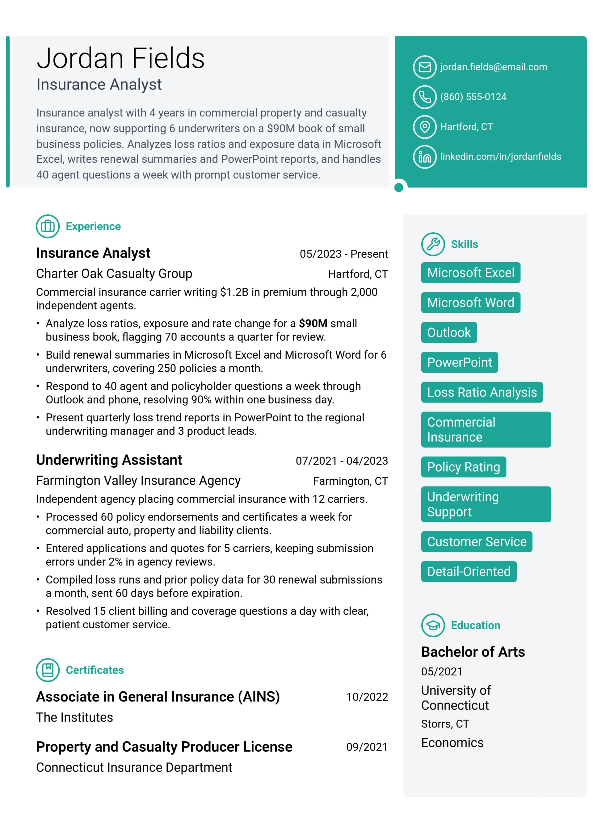 Insurance Analyst resume example