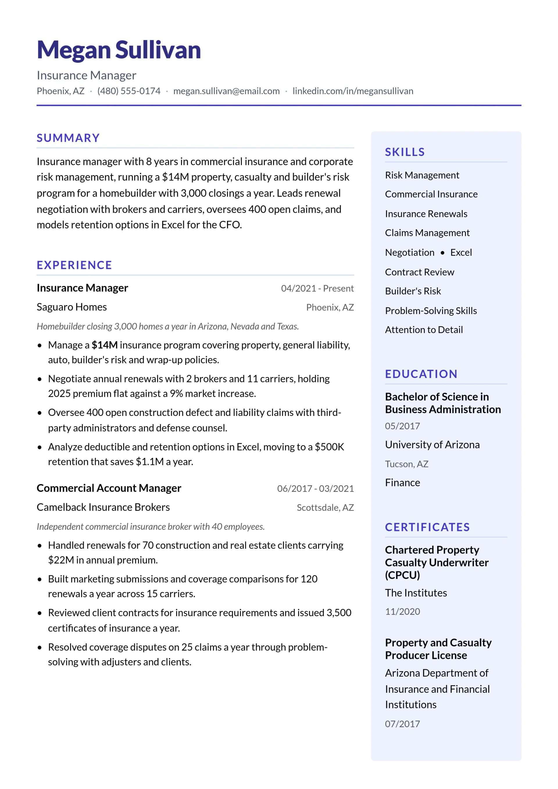 Insurance Manager resume example