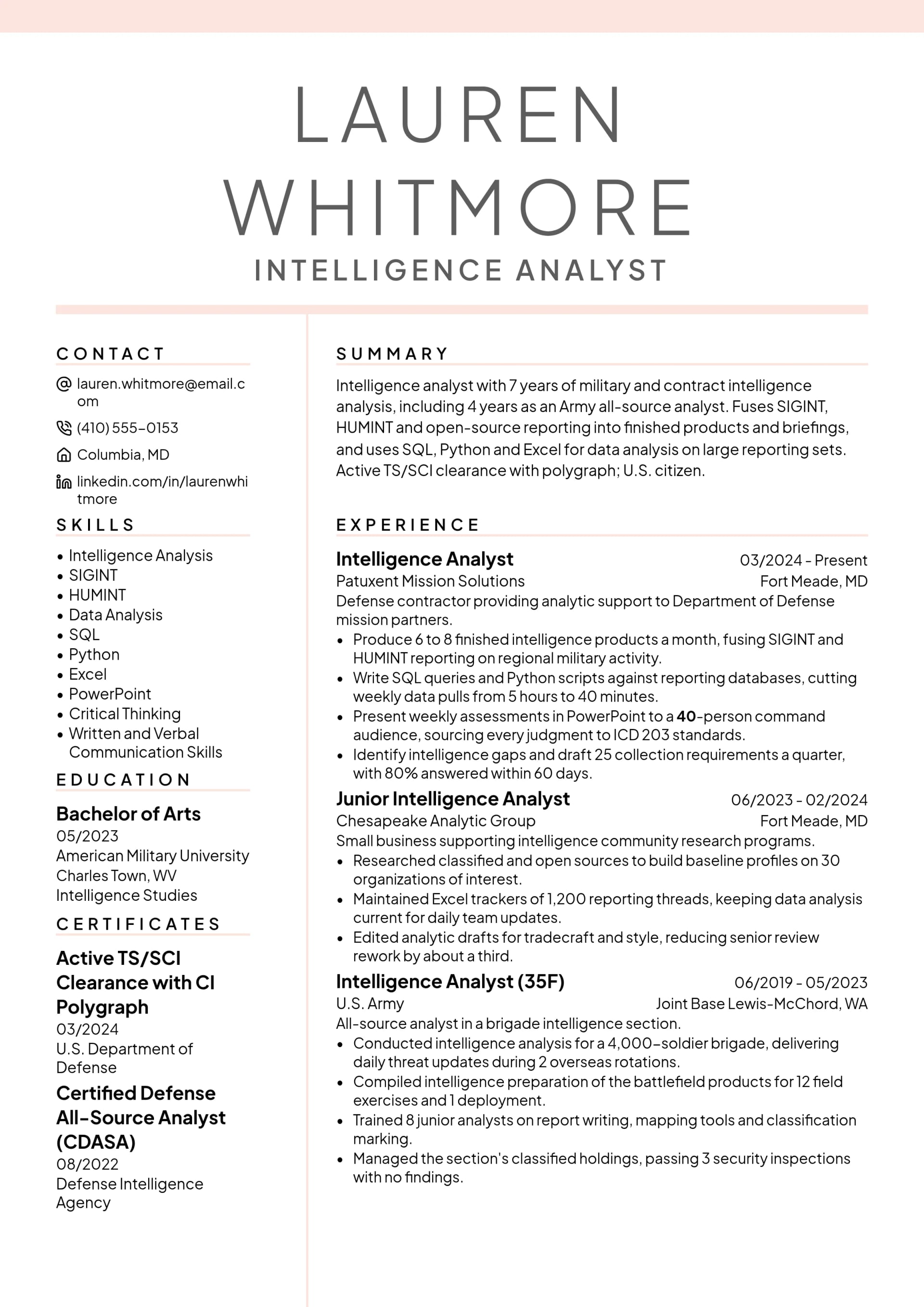 Intelligence Analyst resume example