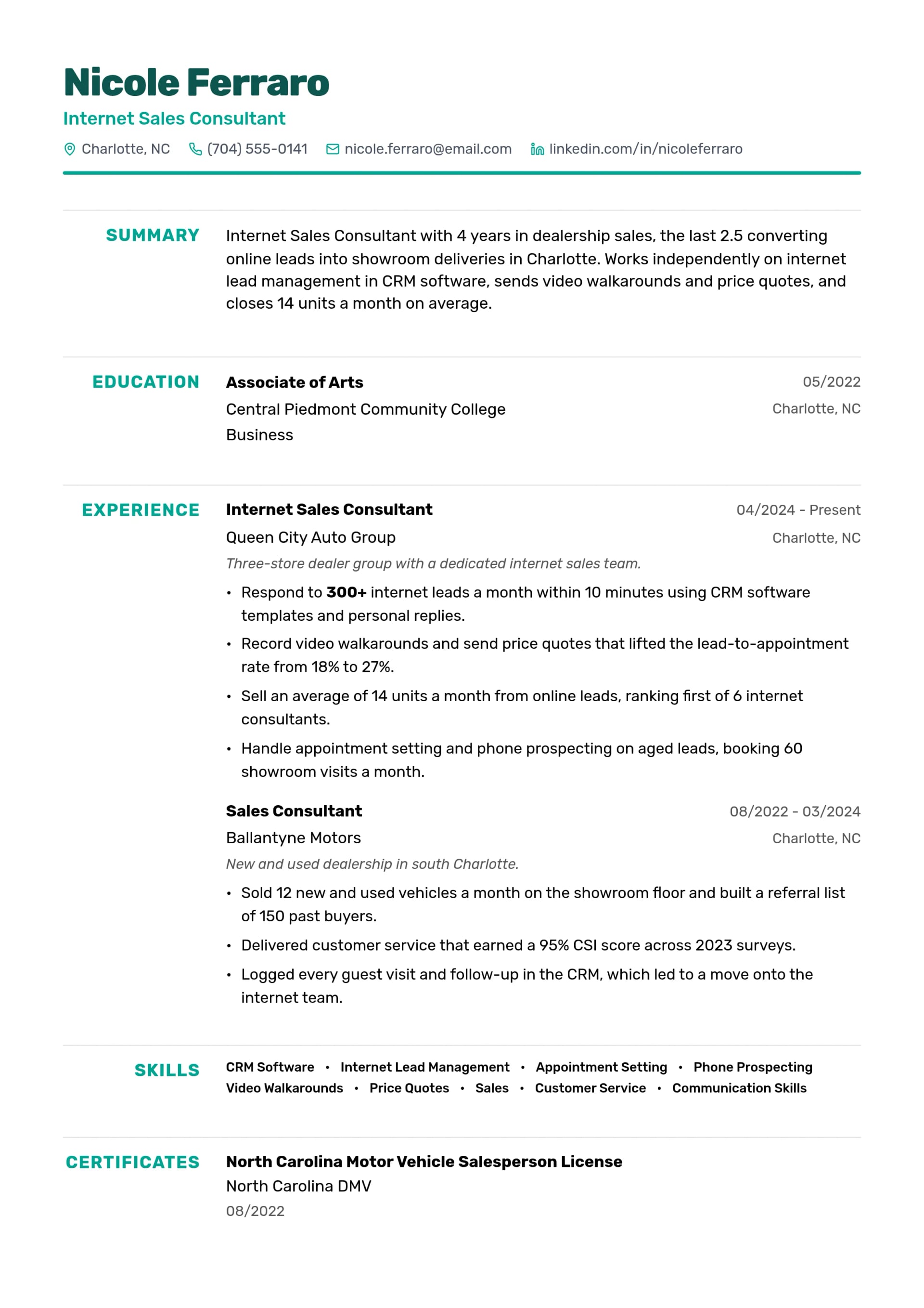 Internet Sales Consultant resume example