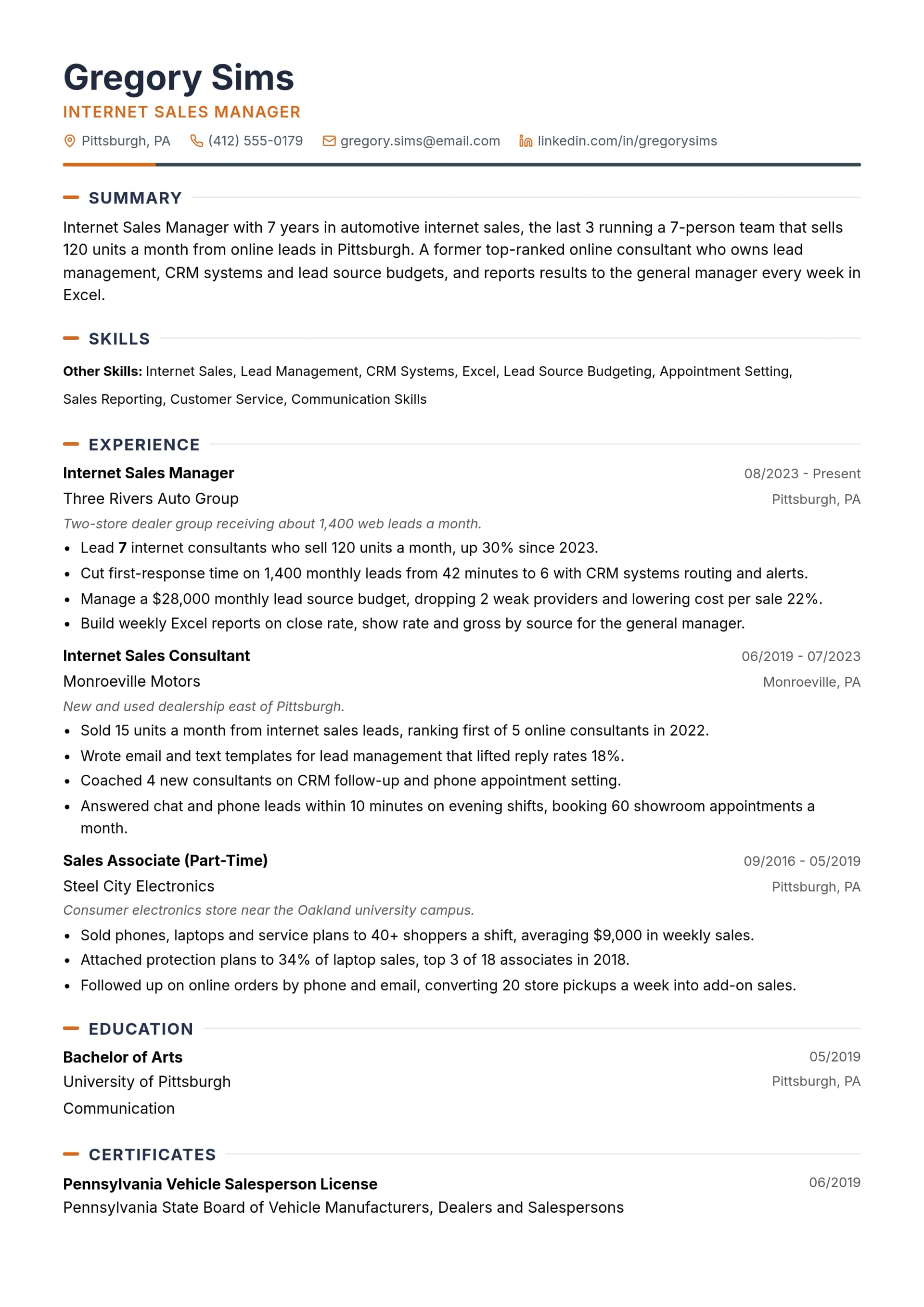 Internet Sales Manager resume example