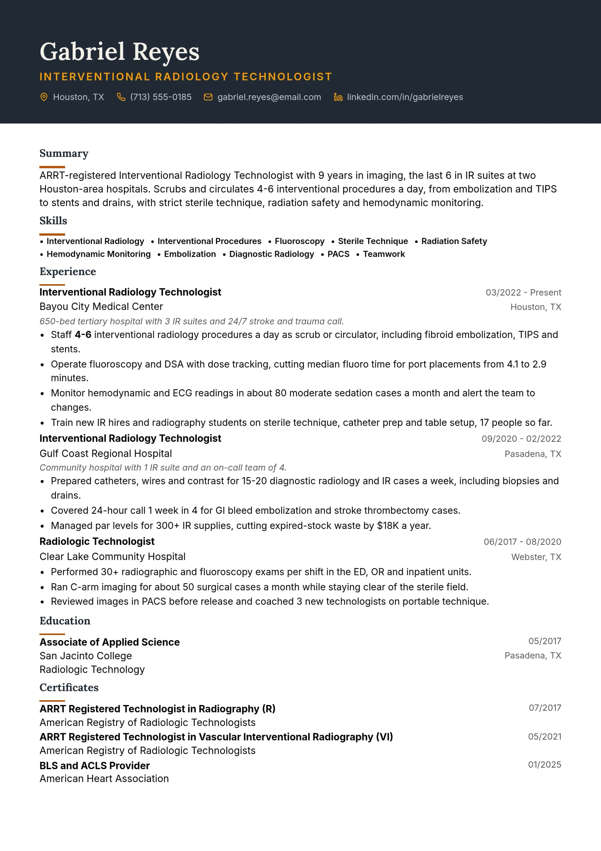 Interventional Radiology Technologist resume example