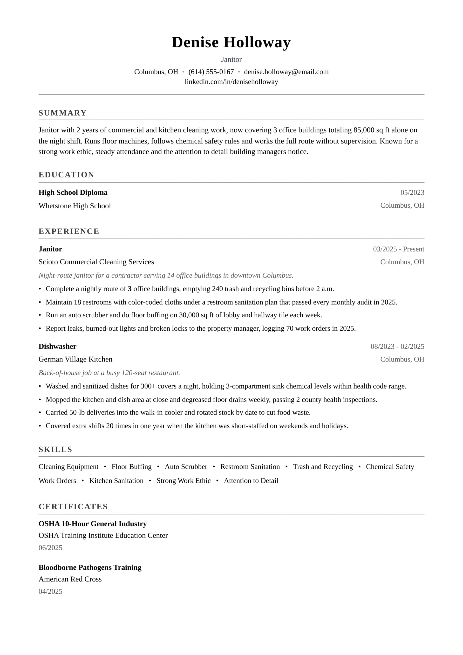 Janitor resume example