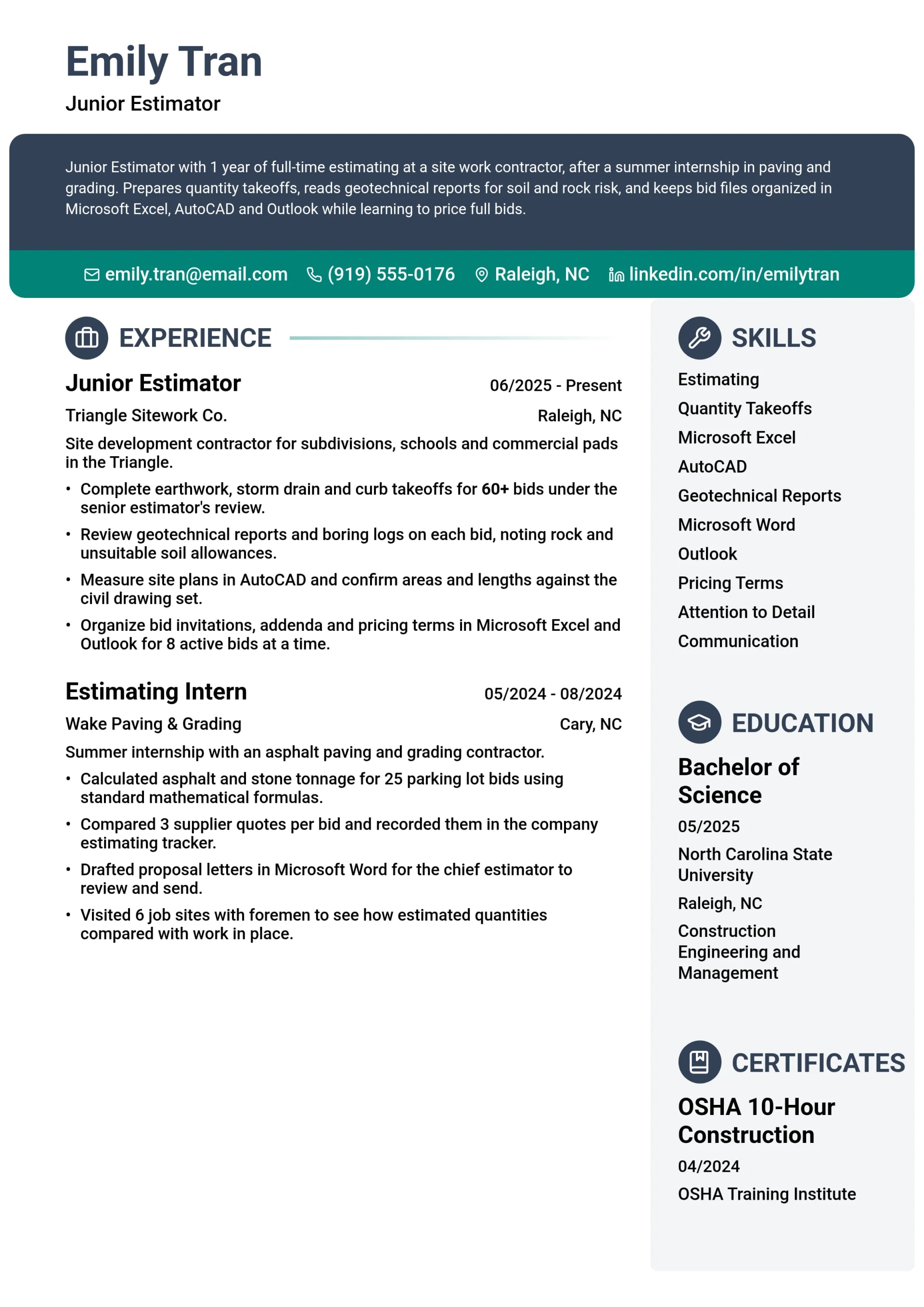 Junior Estimator resume example