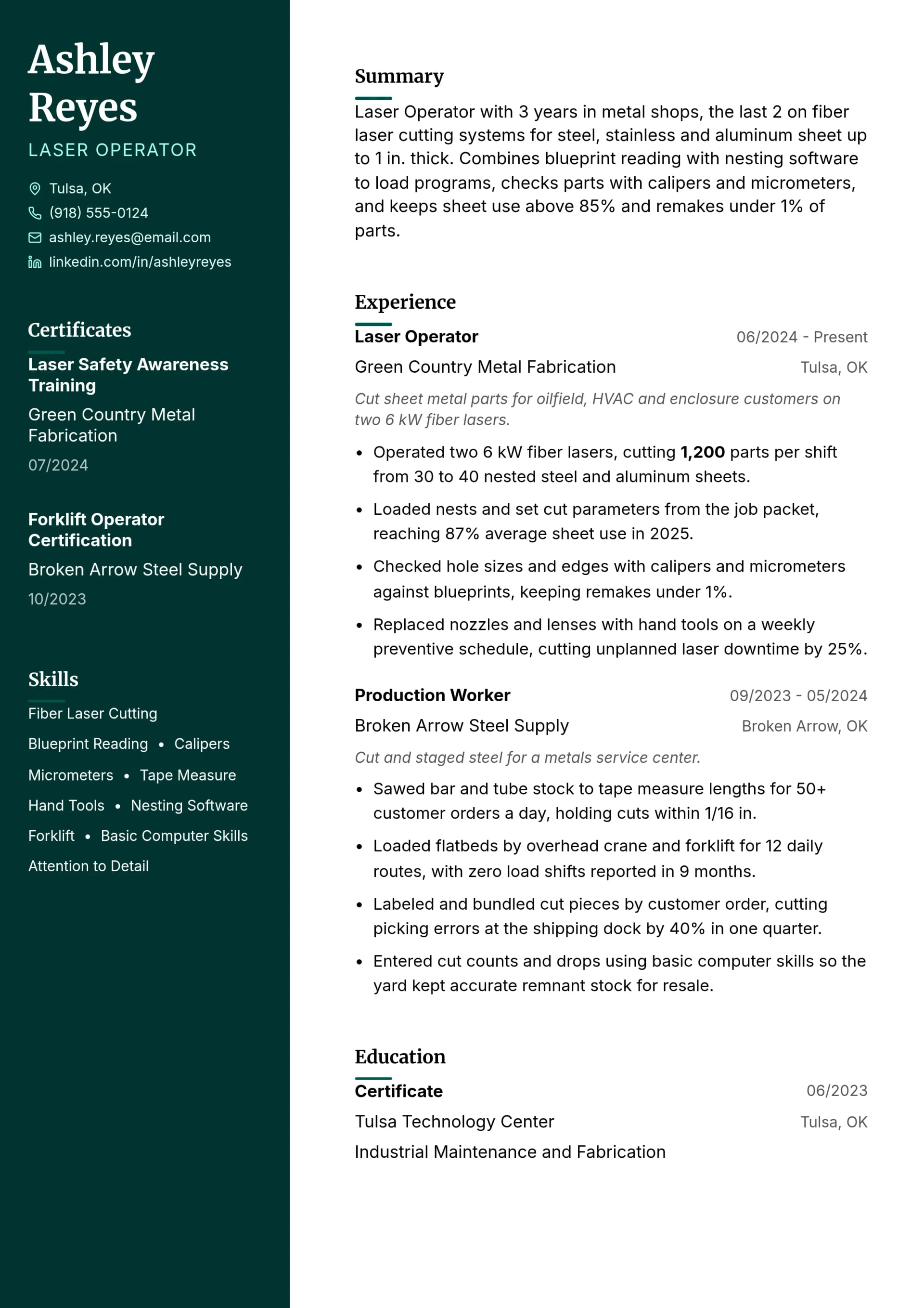 Laser Operator resume example