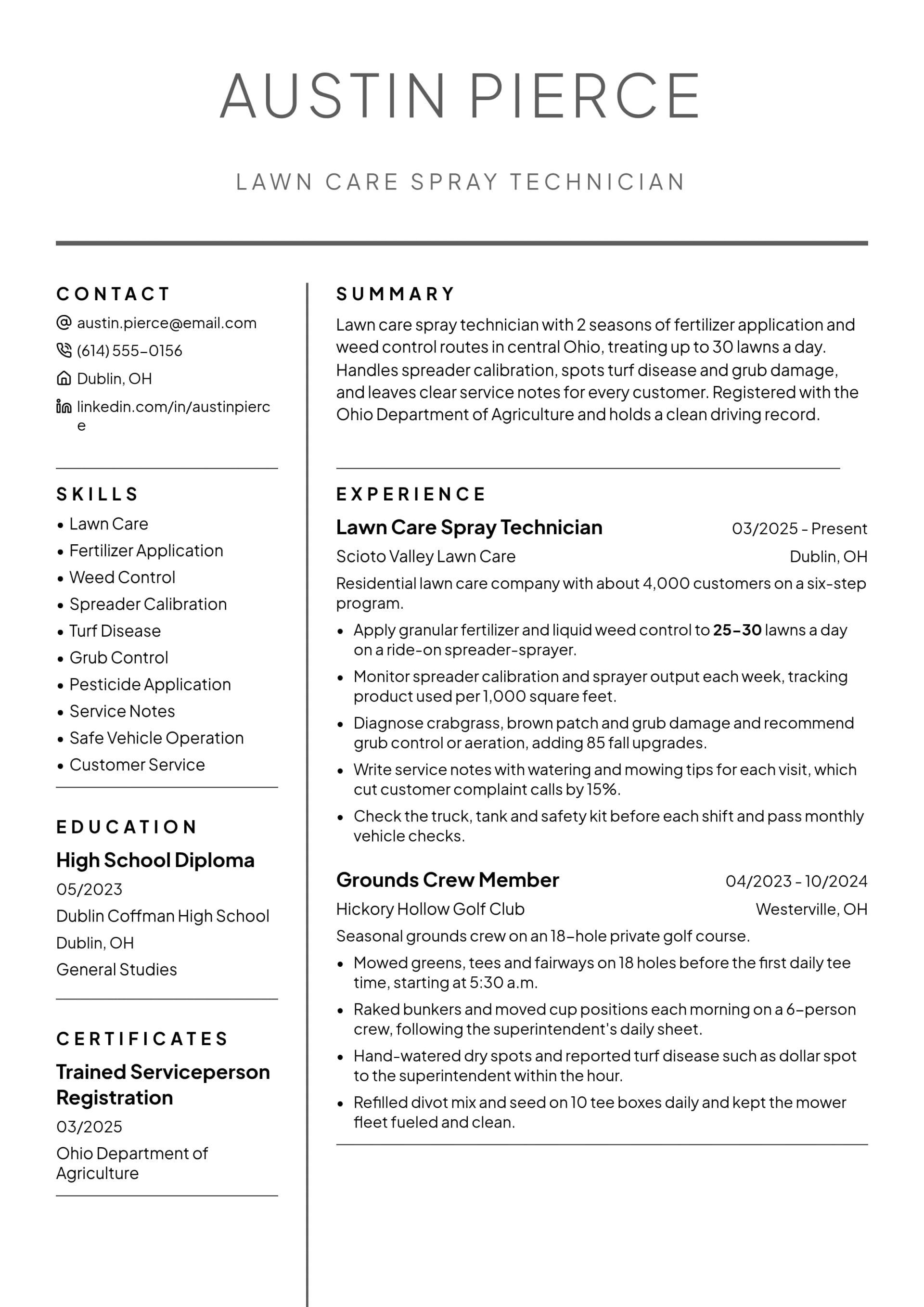 Lawn Care Spray Technician resume example
