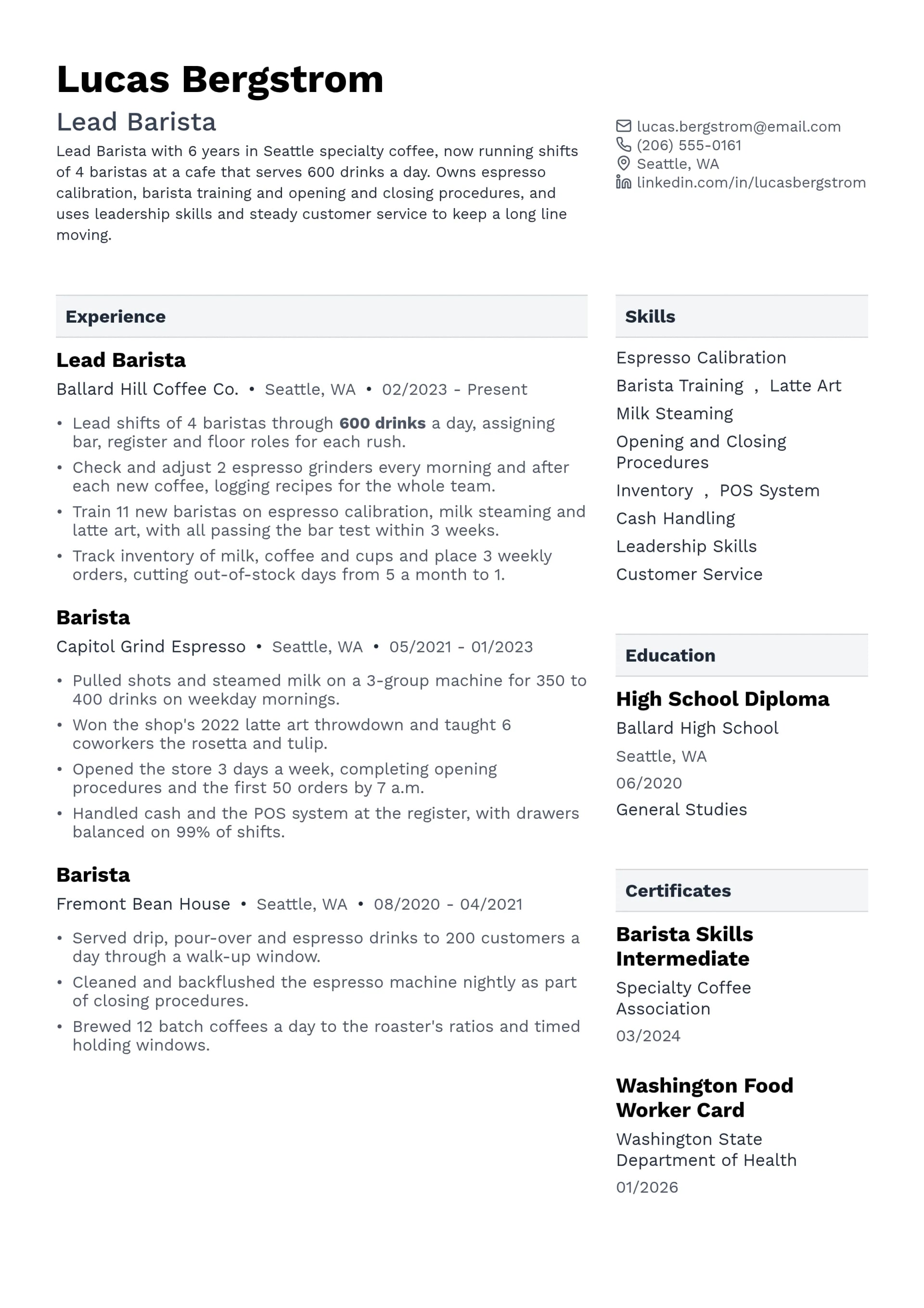 Lead Barista resume example