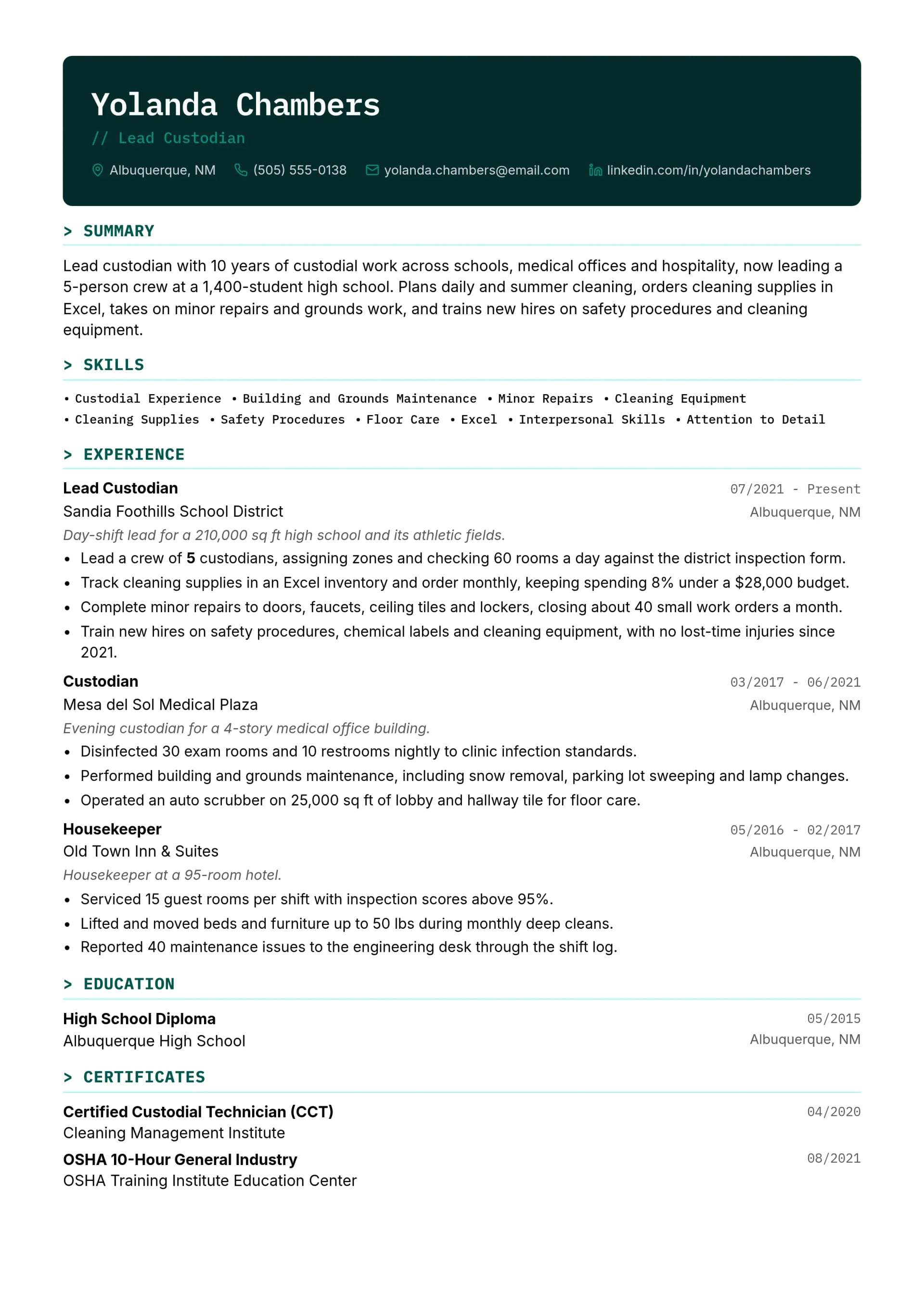 Lead Custodian resume example