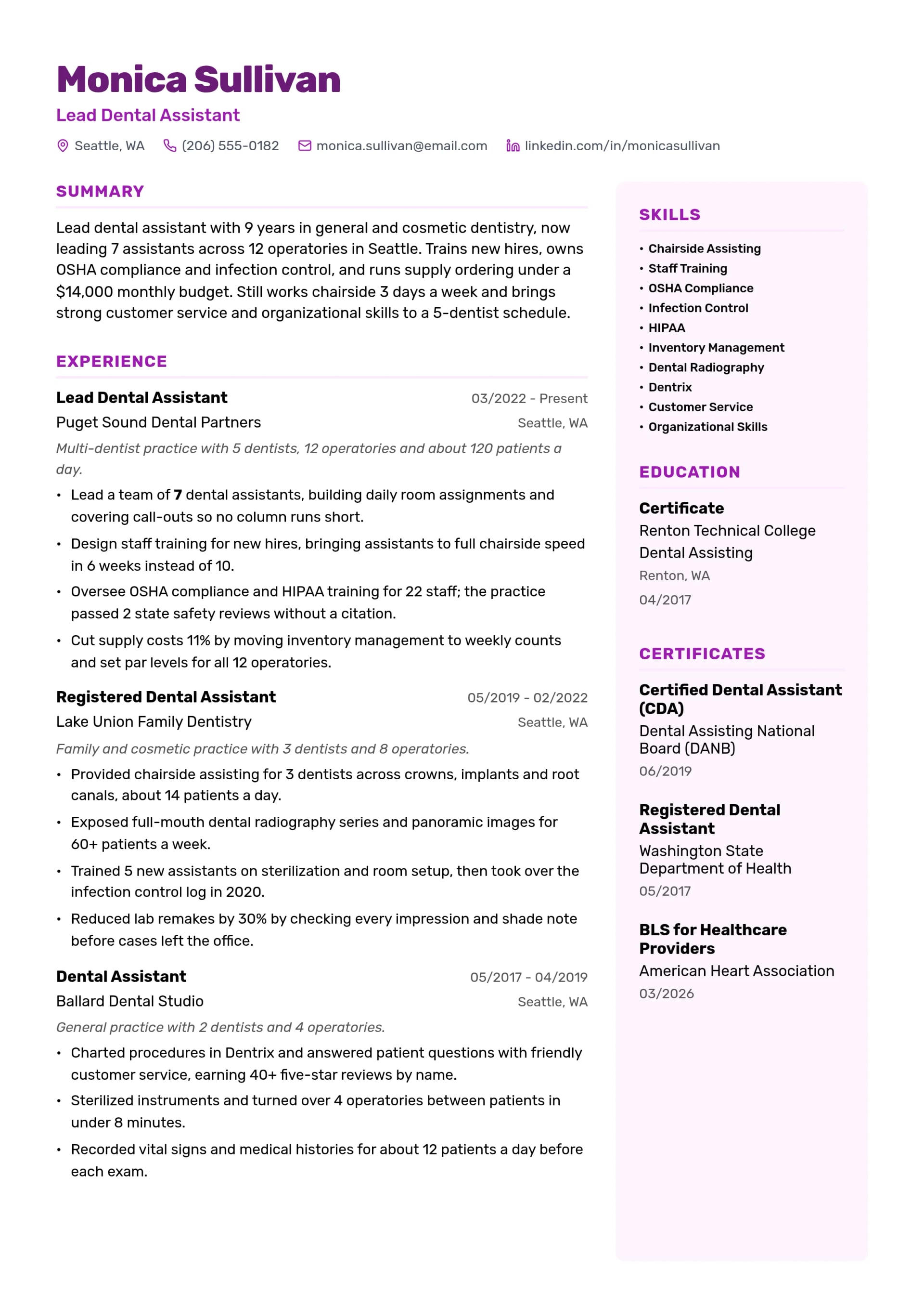 Lead Dental Assistant resume example