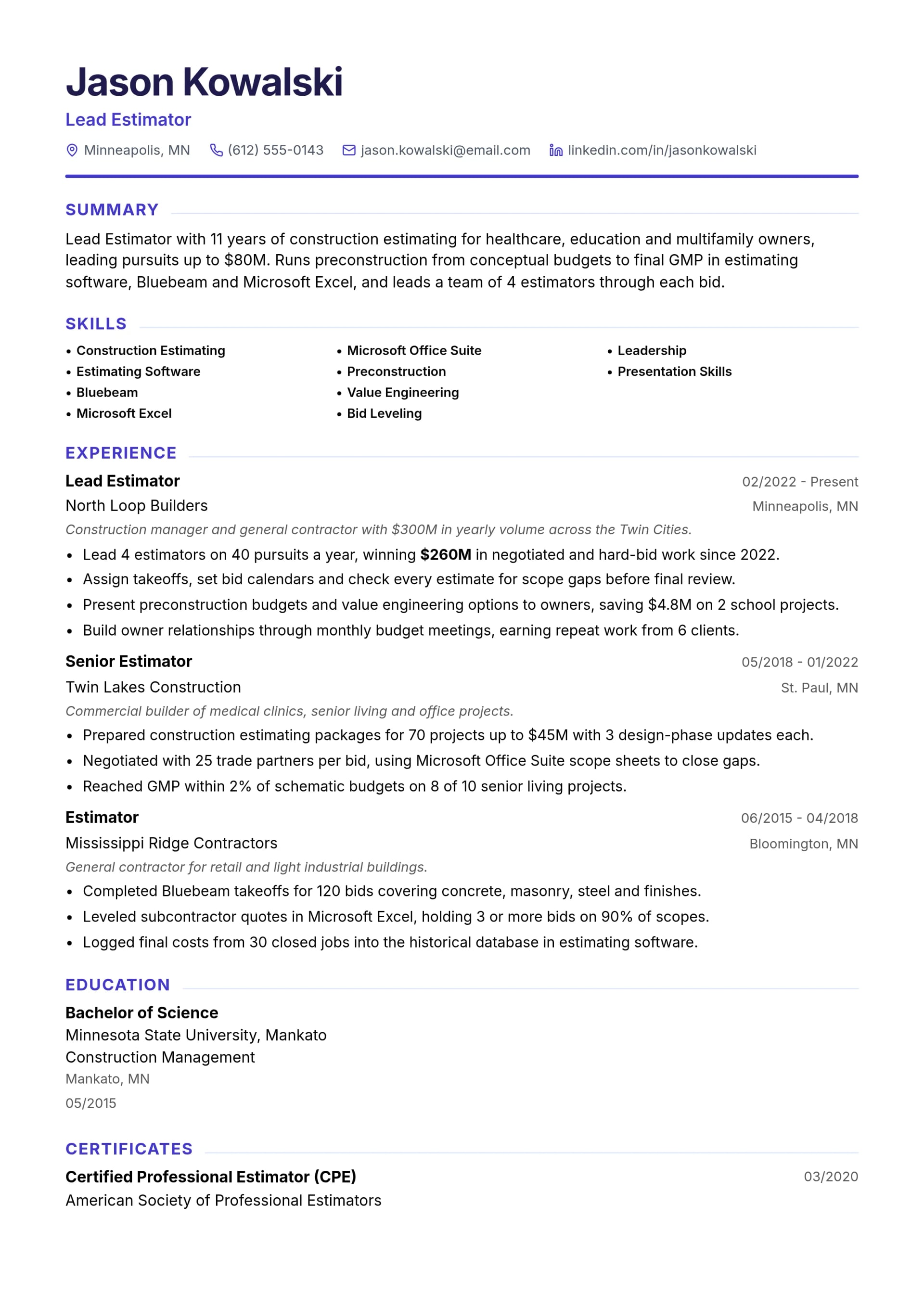 Lead Estimator resume example