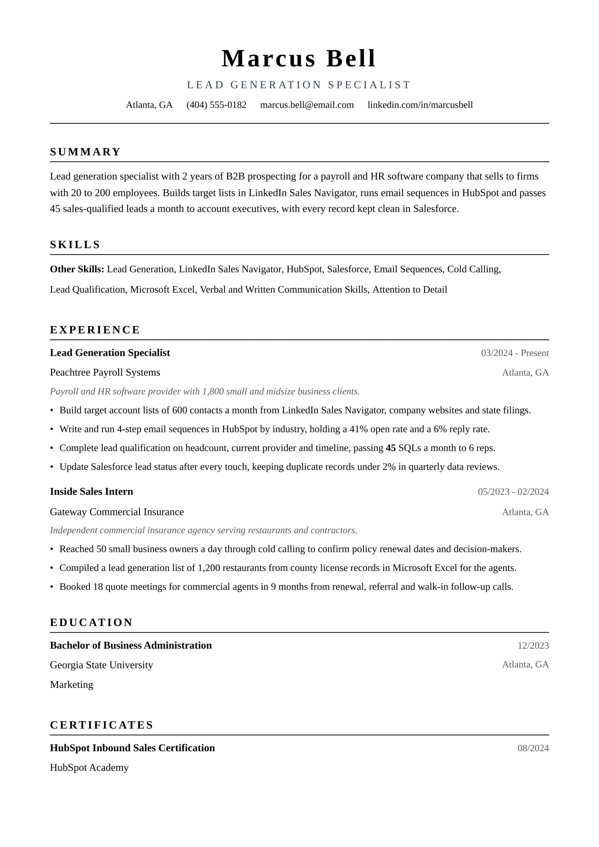 Lead Generation Specialist resume example