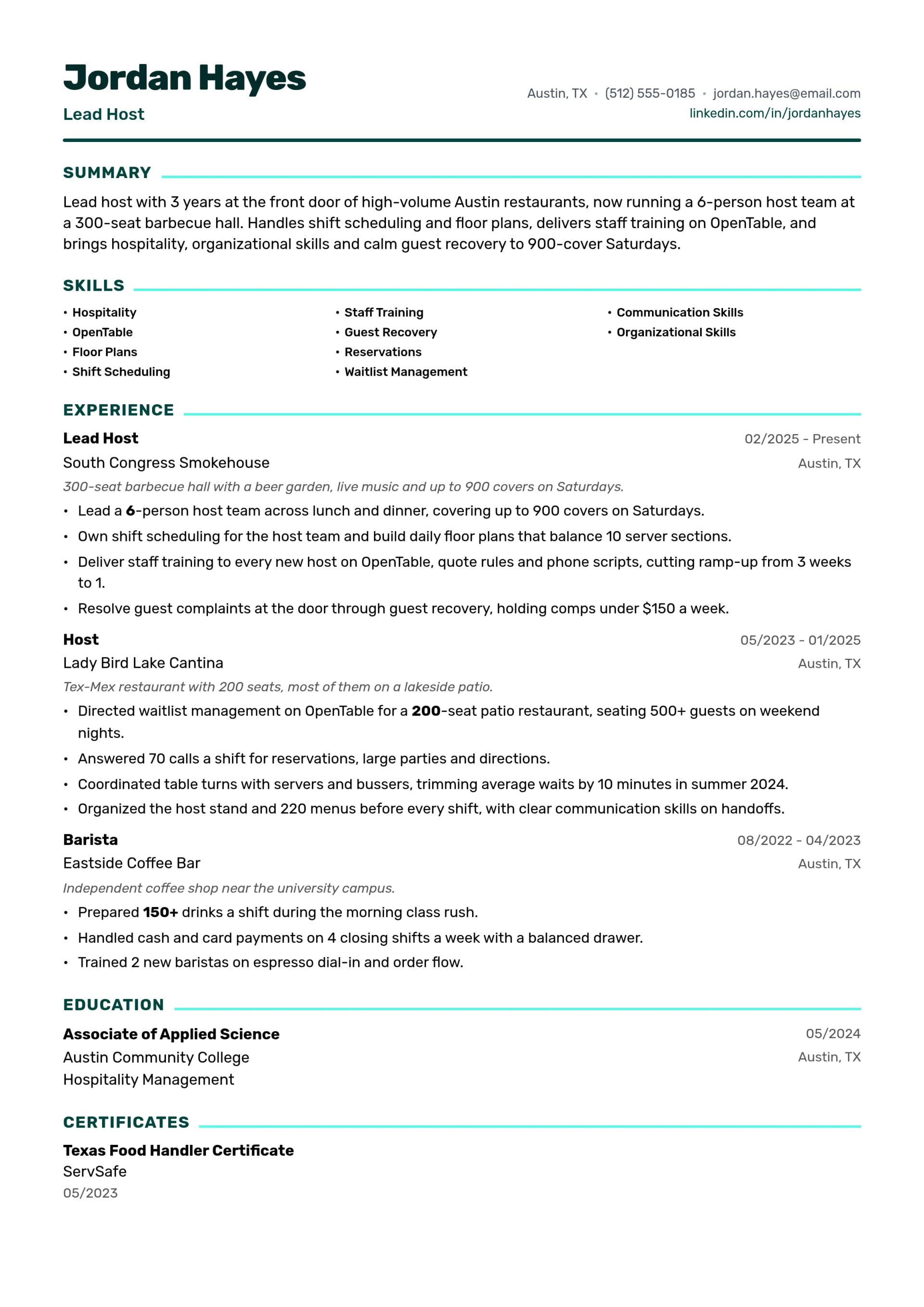 Lead Host resume example