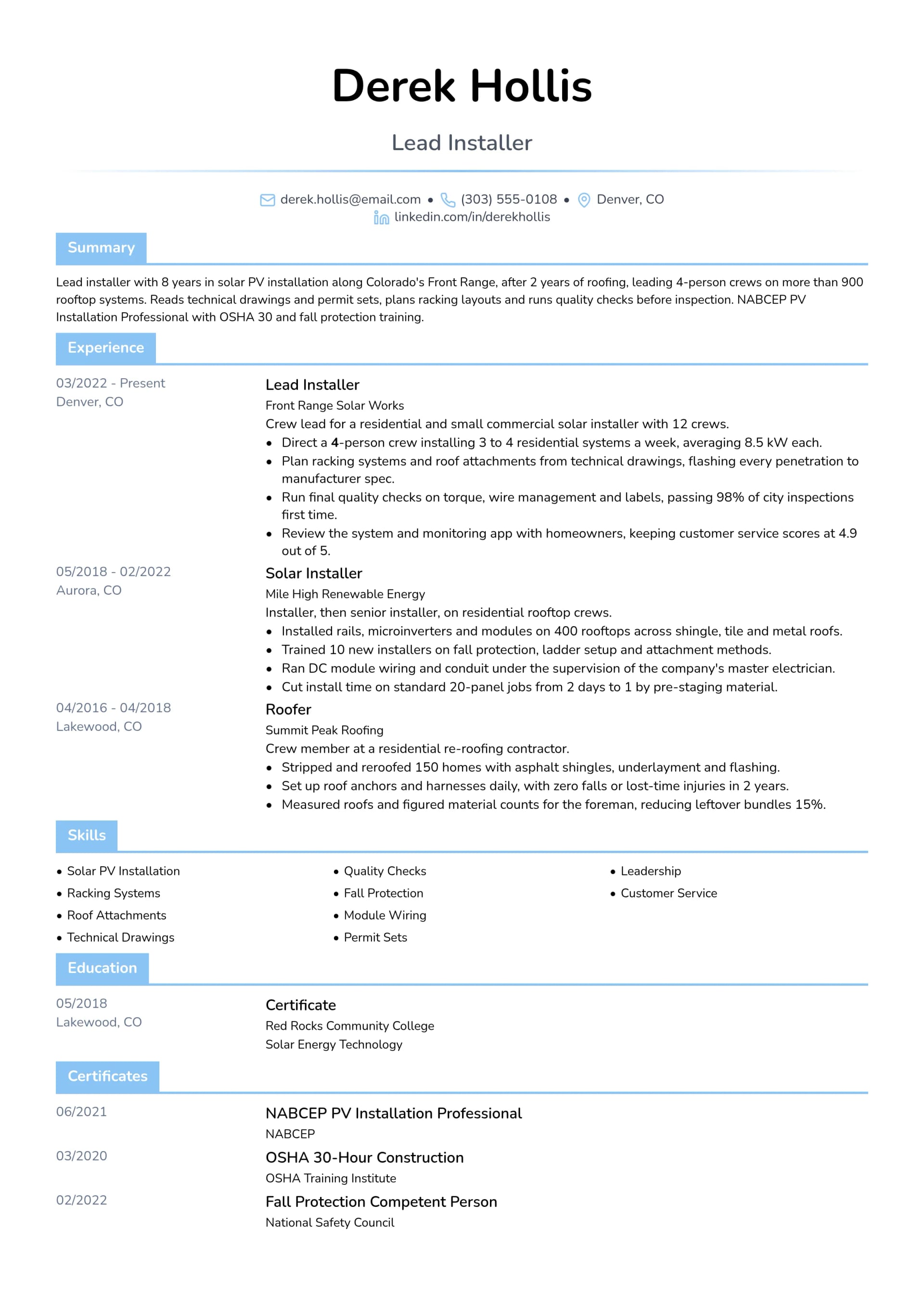Lead Installer resume example