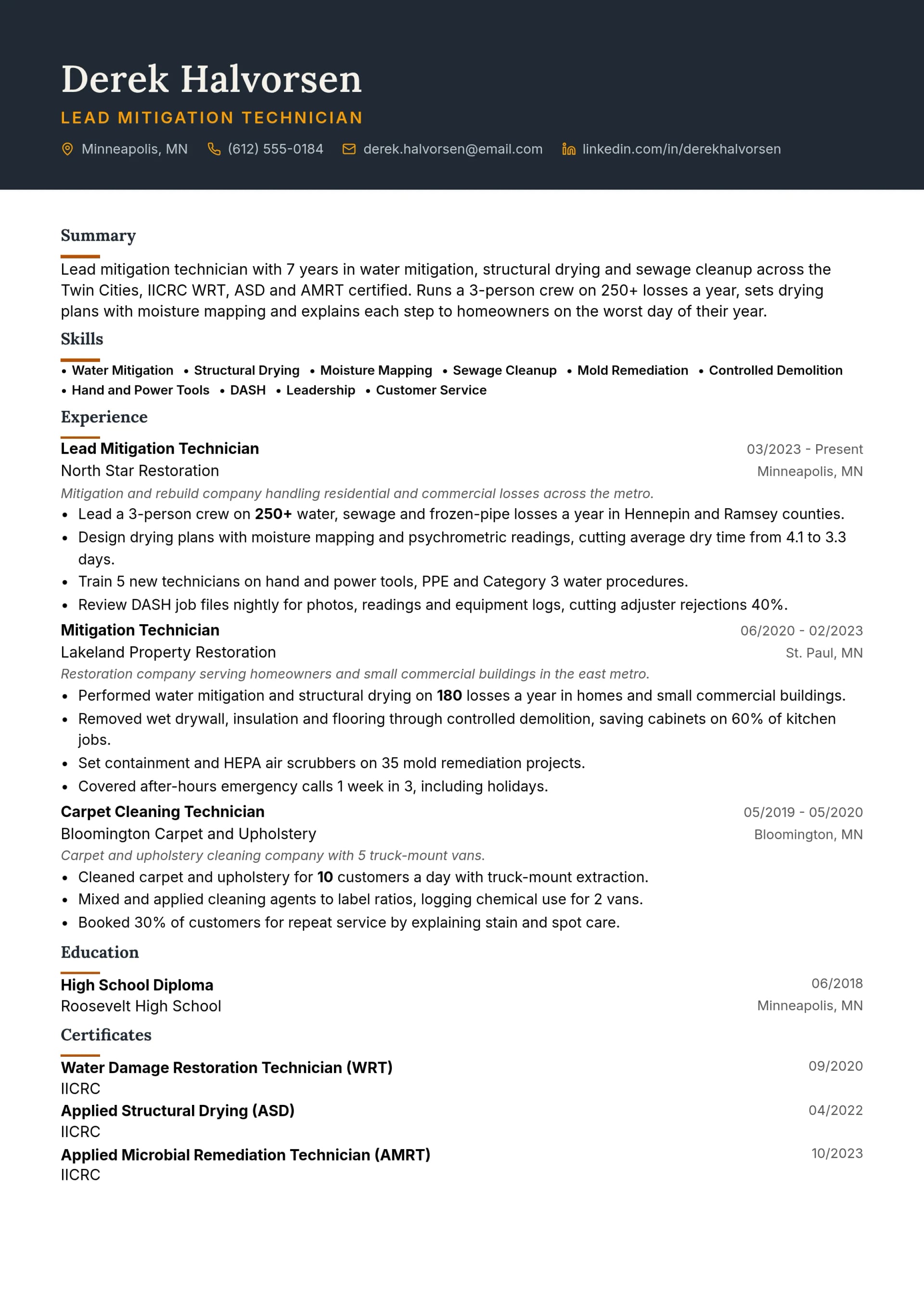 Lead Mitigation Technician resume example