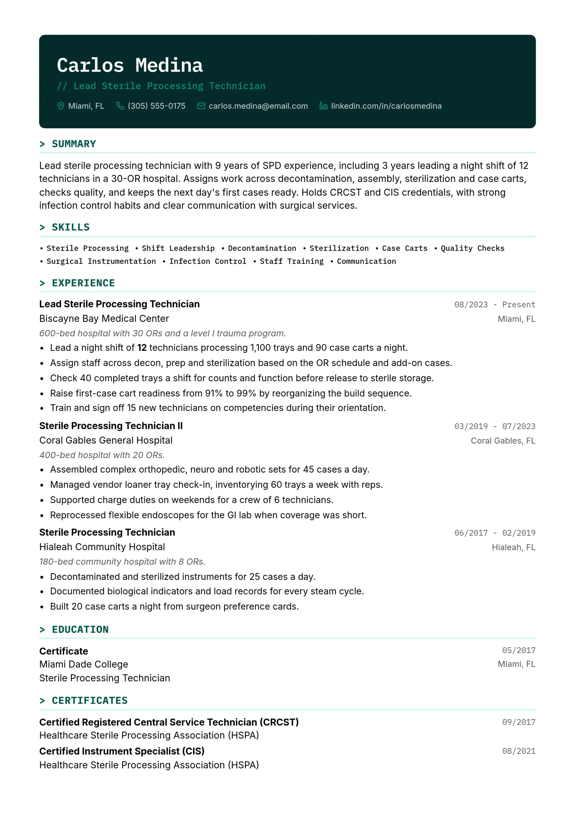 Lead Sterile Processing Technician resume example