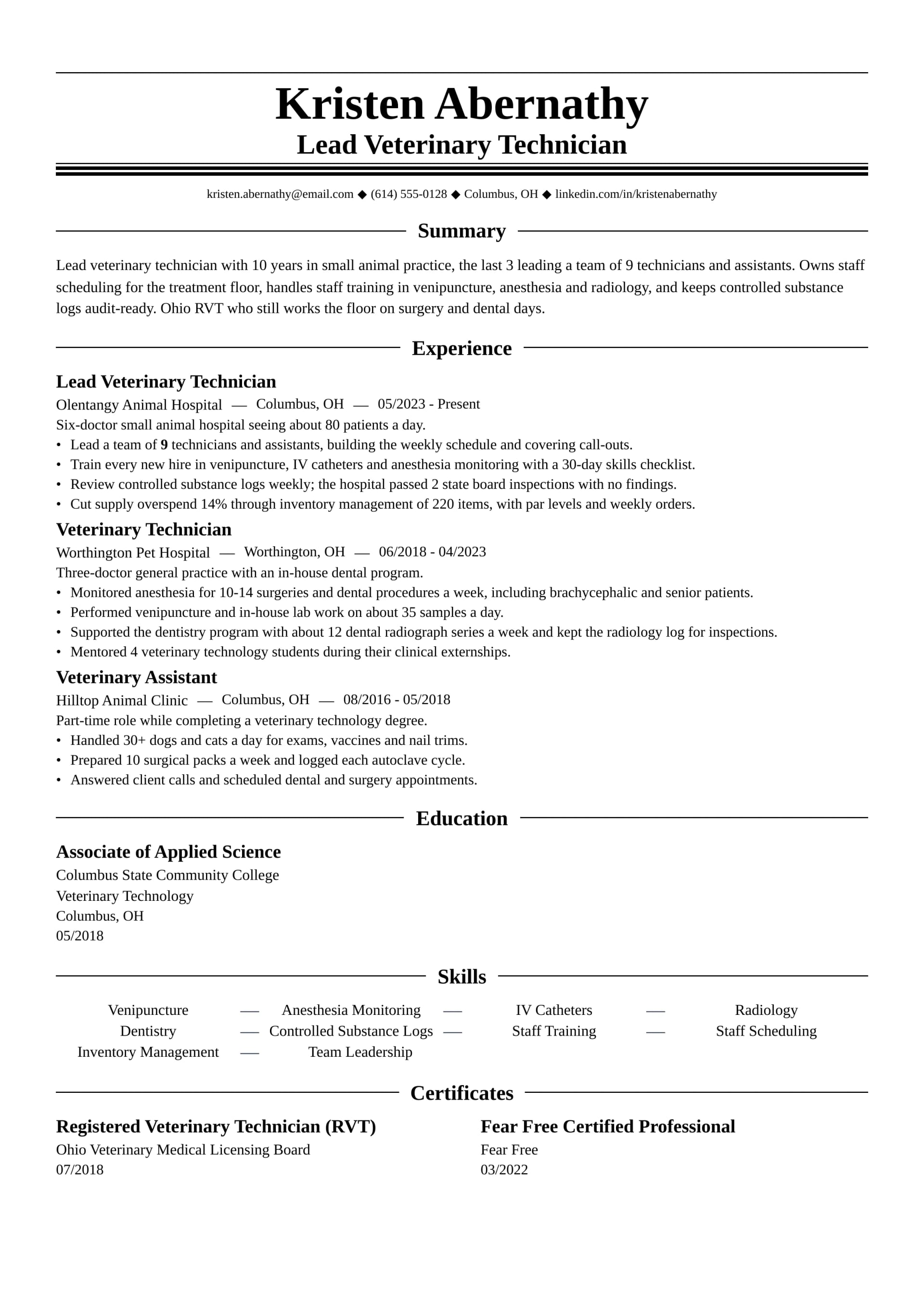 Lead Veterinary Technician resume example