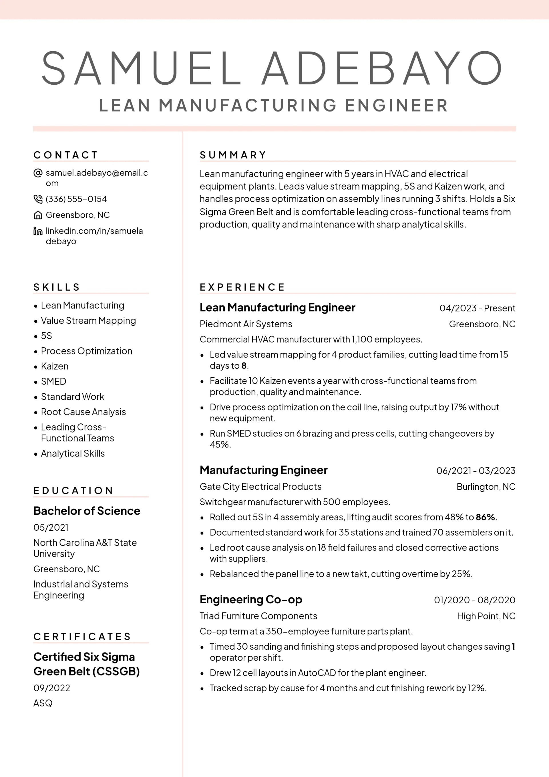 Lean Manufacturing Engineer resume example