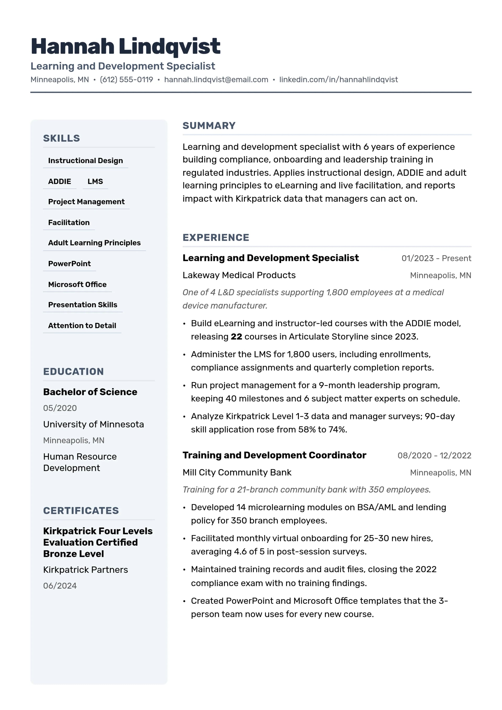 Learning and Development Specialist resume example