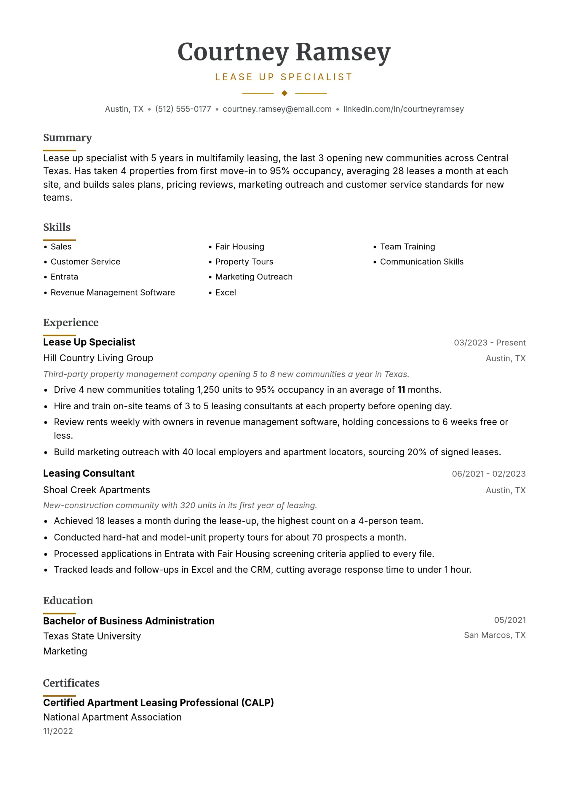 Lease Up Specialist resume example