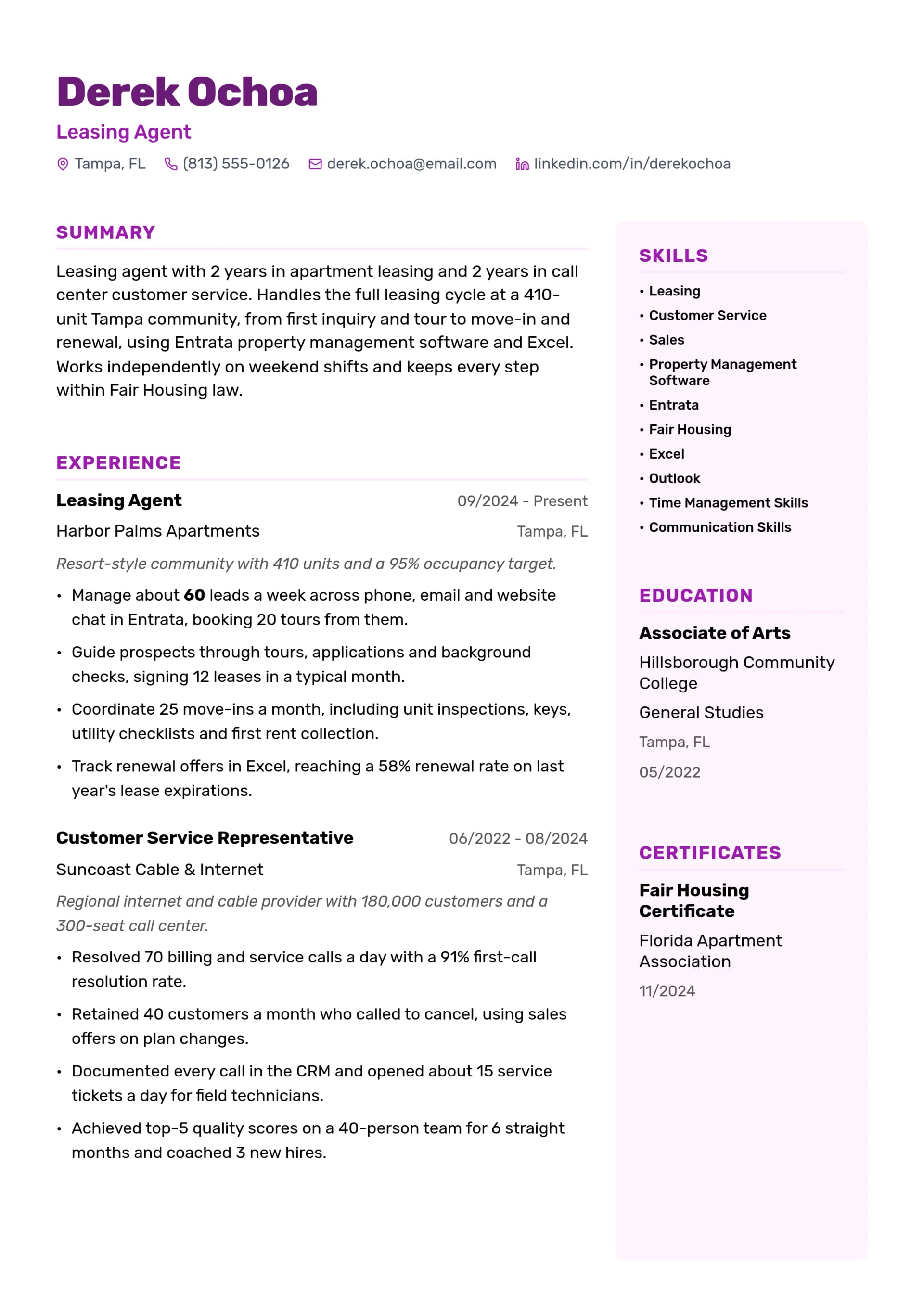 Leasing Agent resume example