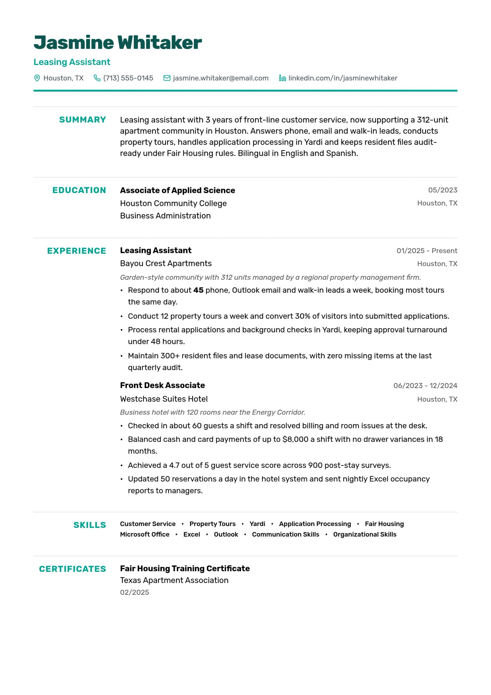 Leasing Assistant resume example