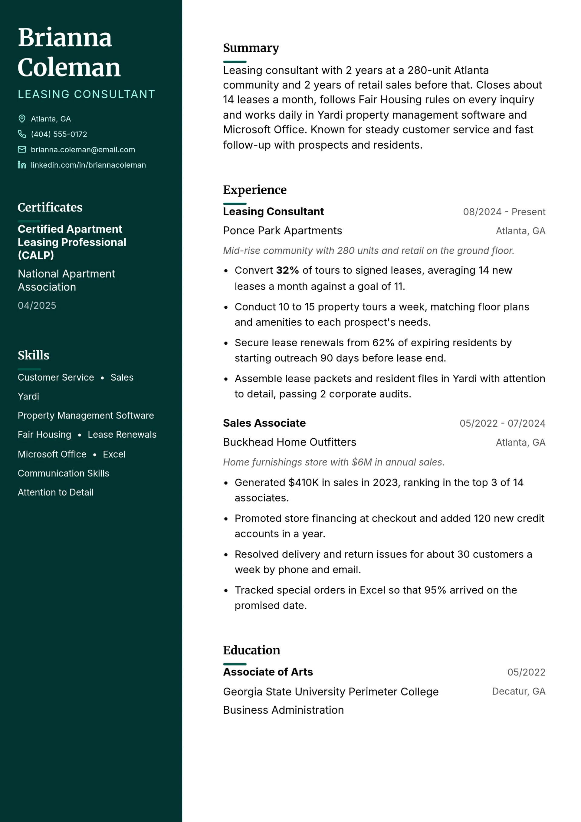 Leasing Consultant resume example
