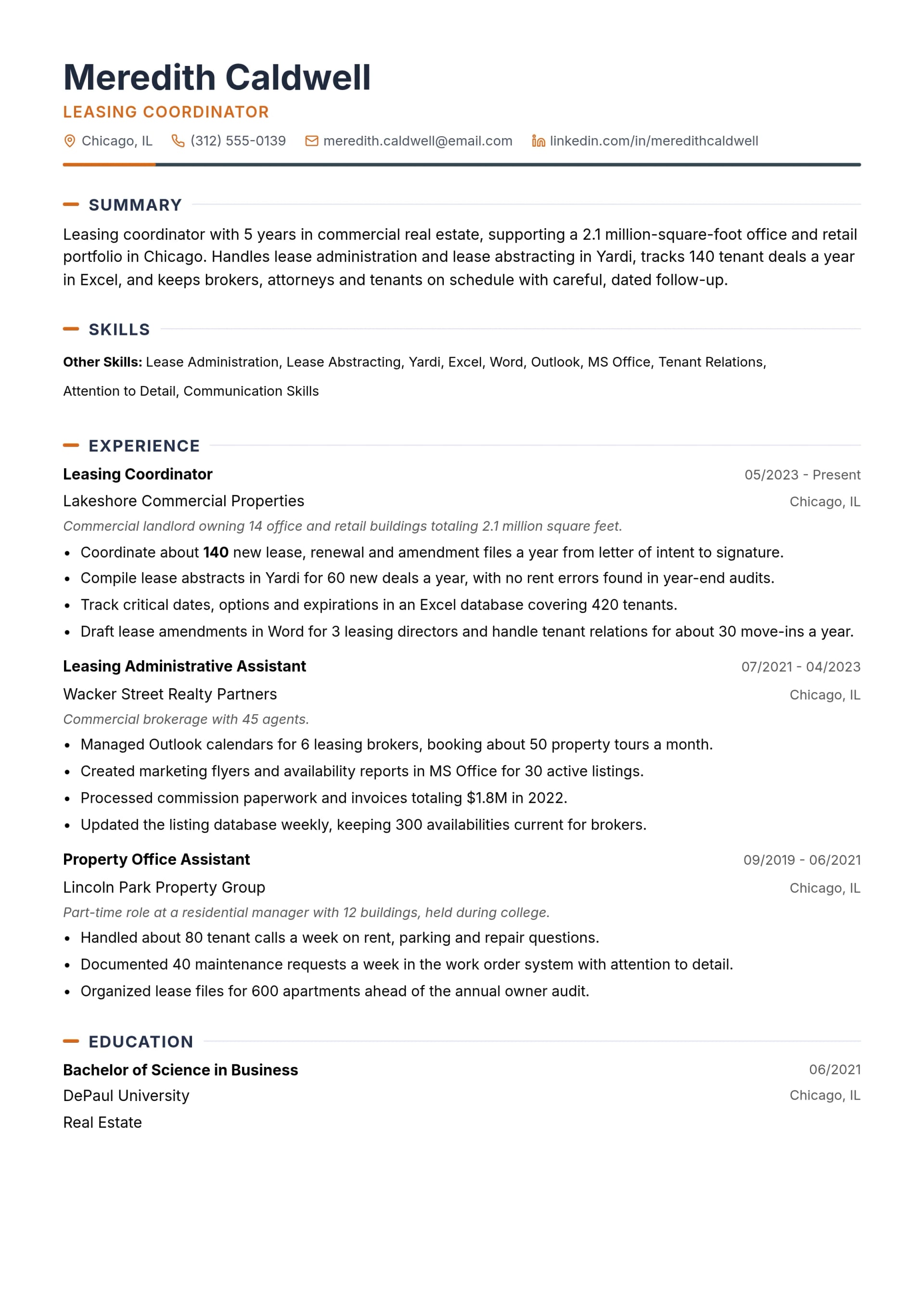 Leasing Coordinator resume example