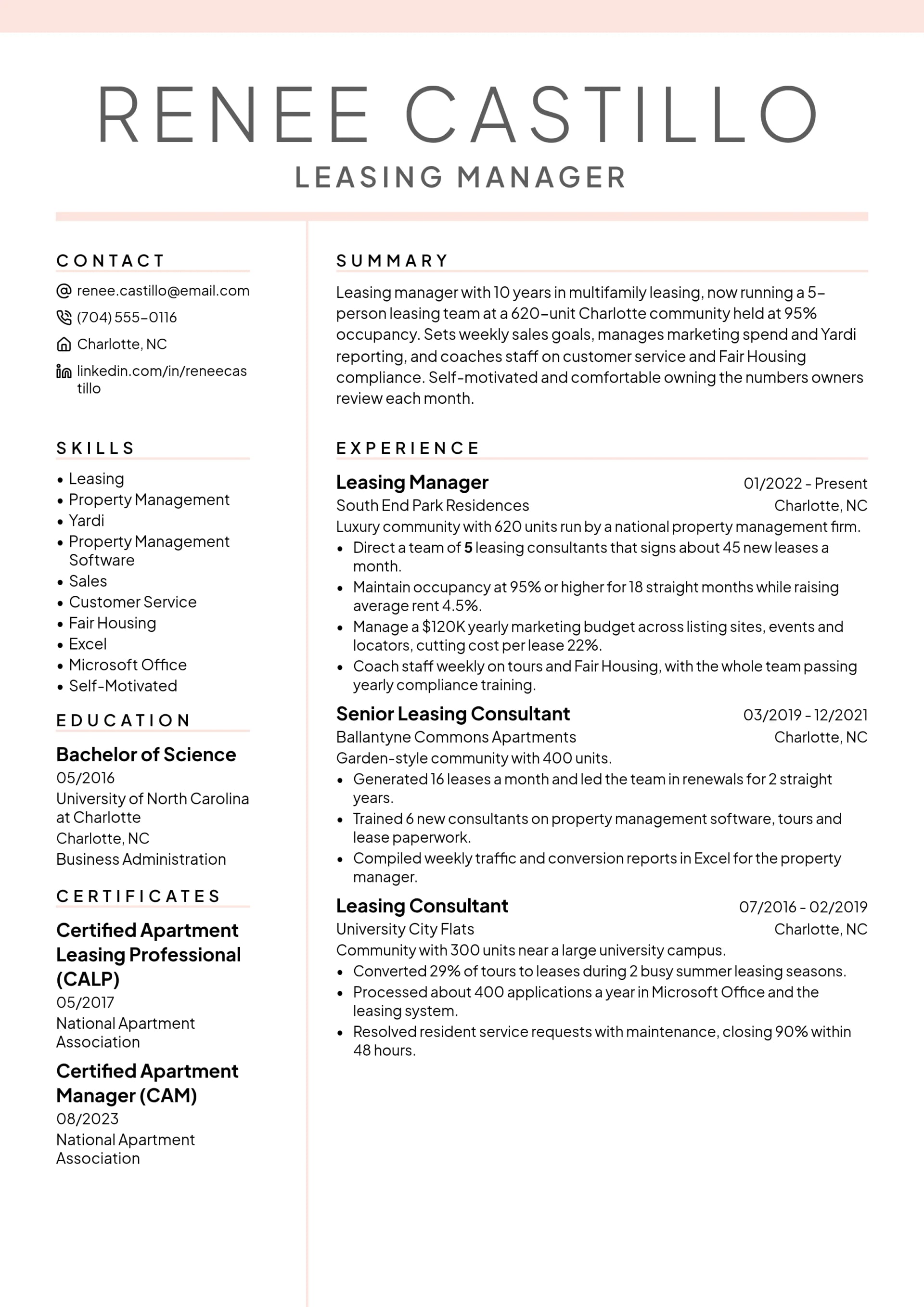Leasing Manager resume example