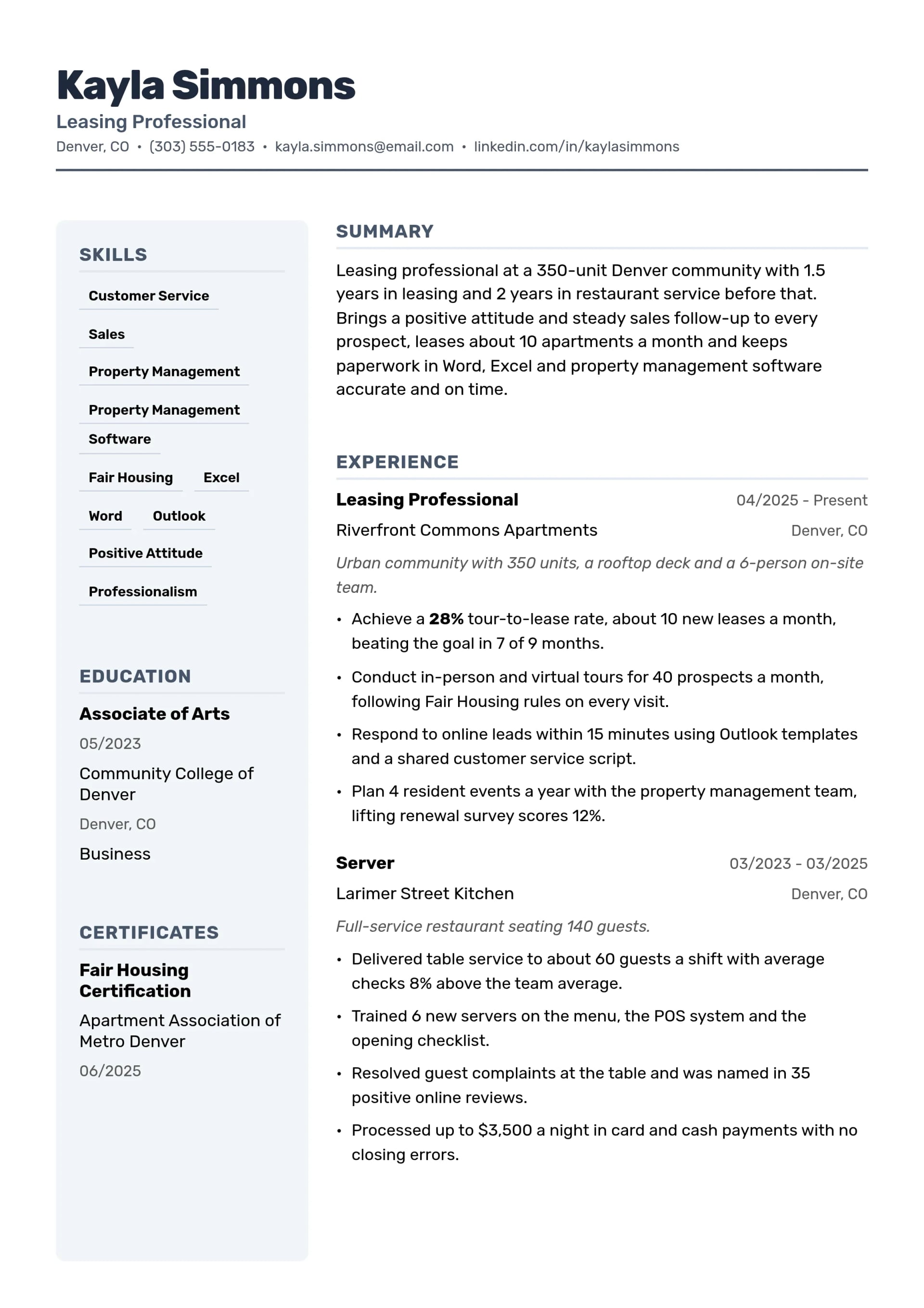 Leasing Professional resume example