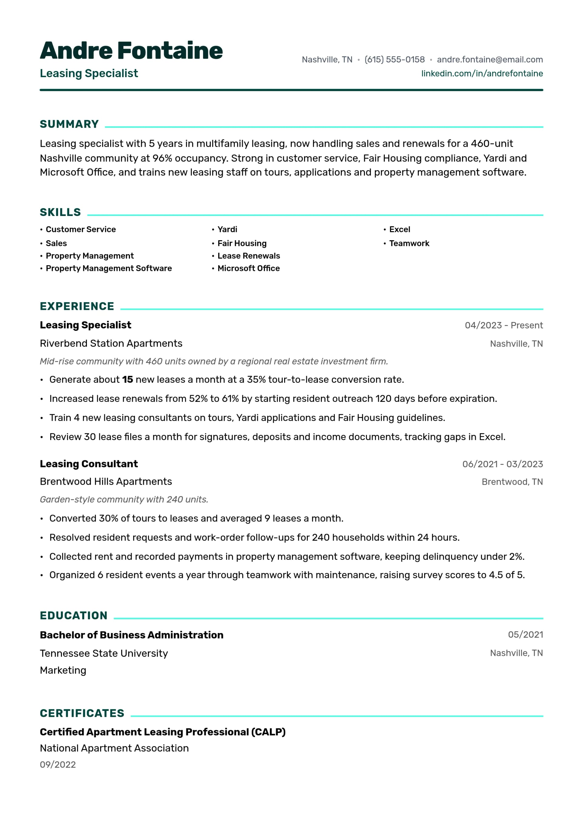 Leasing Specialist resume example