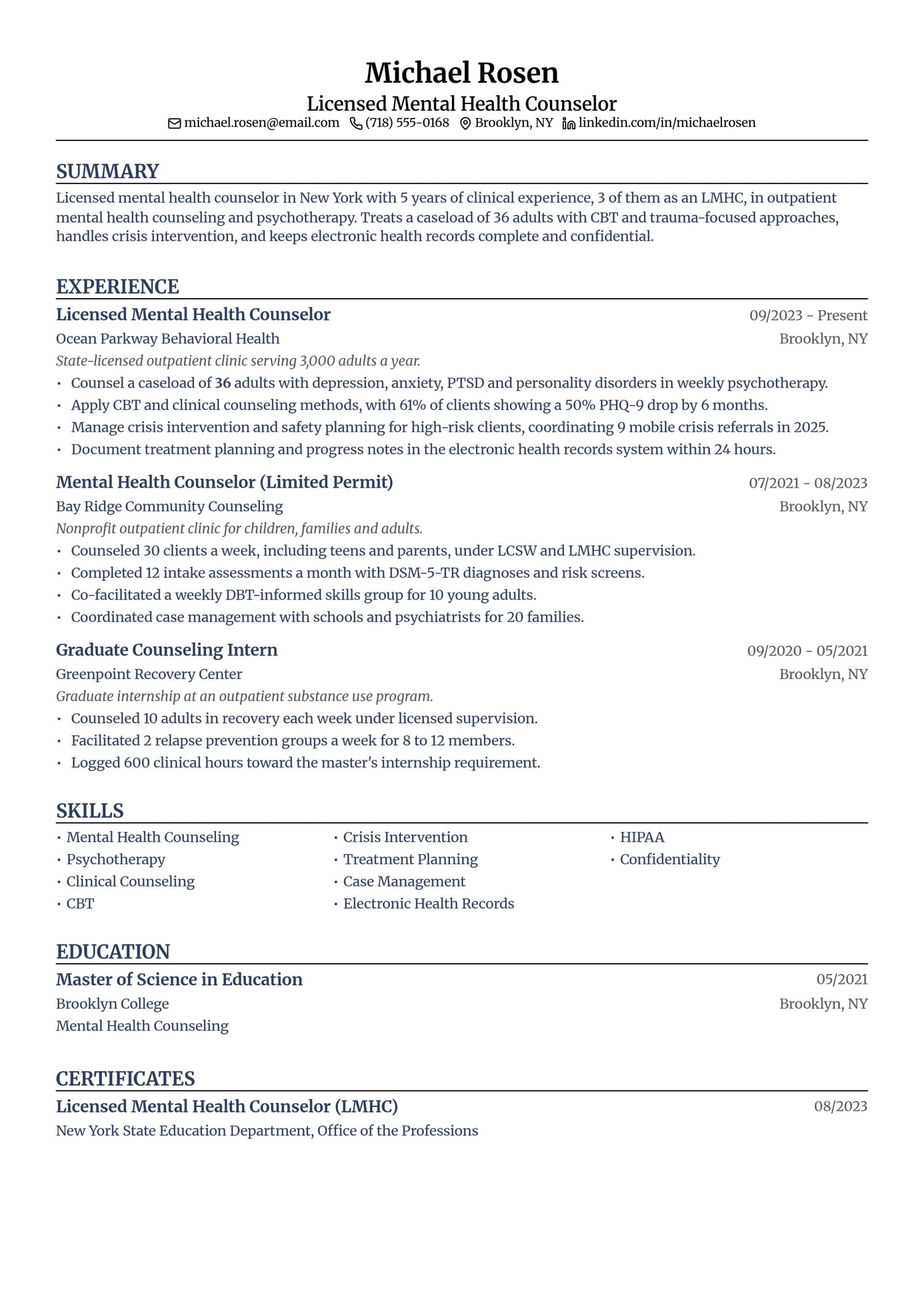 Licensed Mental Health Counselor resume example
